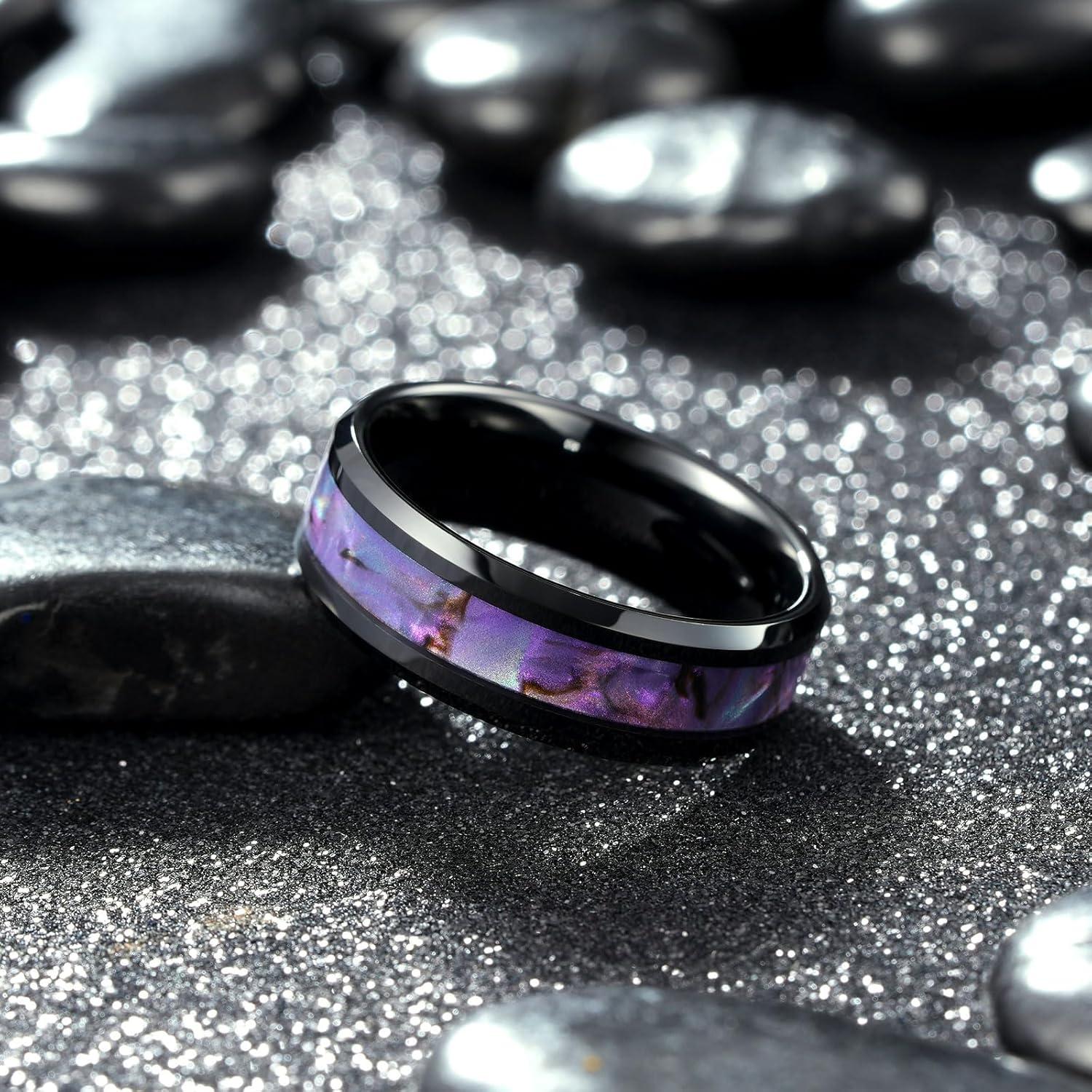 imageKing Will Tungsten Carbide Wedding Band for Men 8mm Black High Polished Inlay GreenBlack Olive Shell Texture Patterns for Everyday Wear Comfort FitBluePurplePink Shell