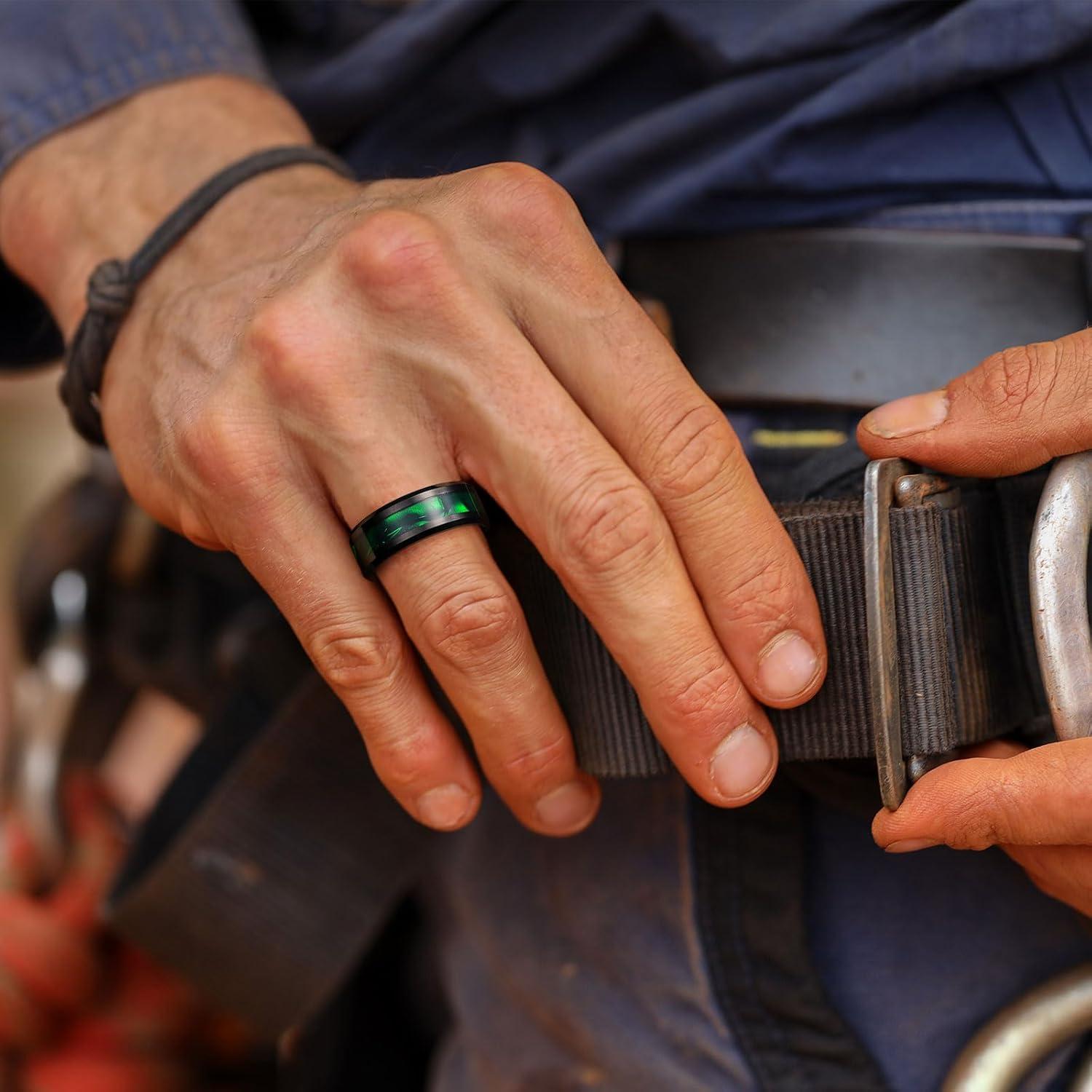 imageKing Will Tungsten Carbide Wedding Band for Men 8mm Black High Polished Inlay GreenBlack Olive Shell Texture Patterns for Everyday Wear Comfort FitGreen