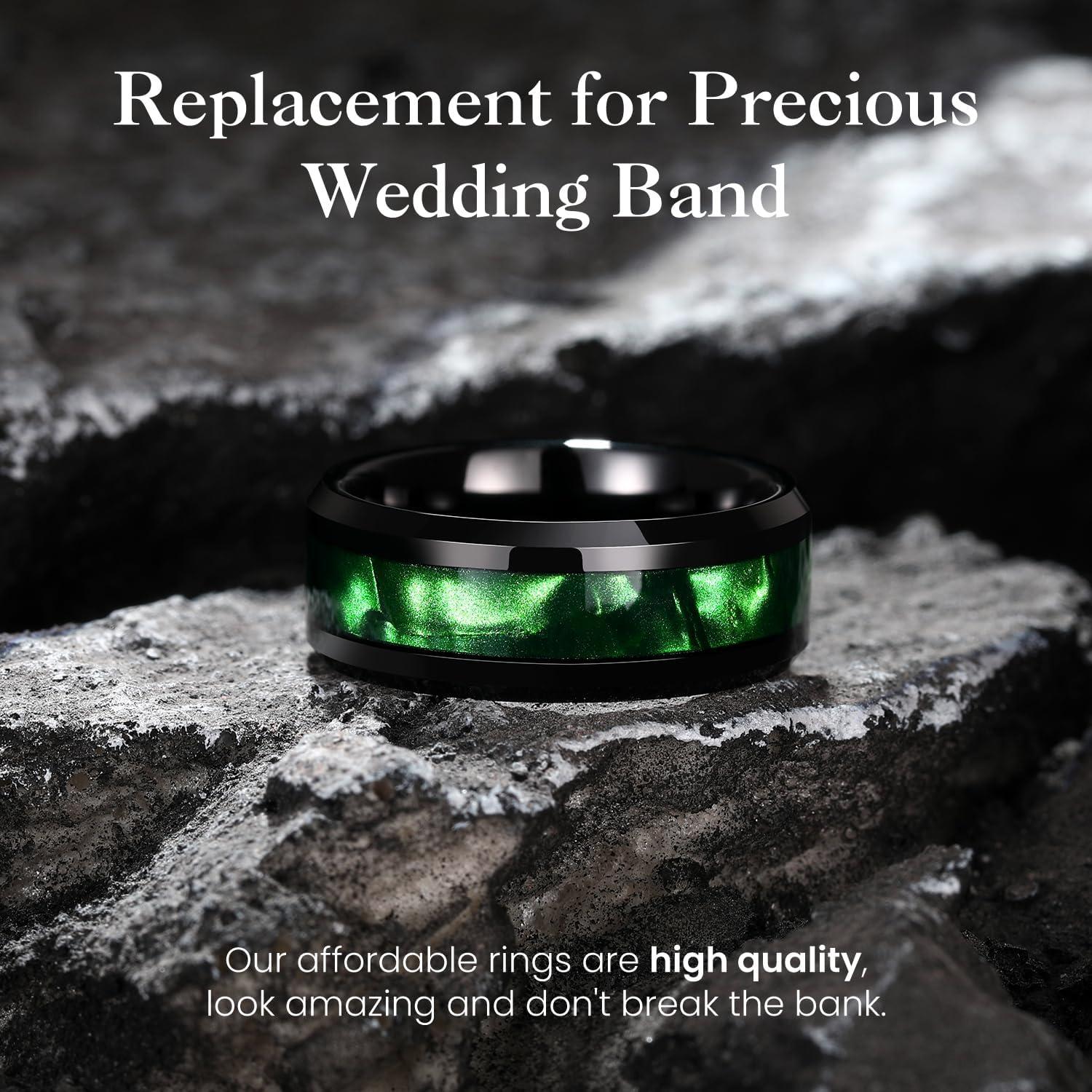 imageKing Will Tungsten Carbide Wedding Band for Men 8mm Black High Polished Inlay GreenBlack Olive Shell Texture Patterns for Everyday Wear Comfort FitGreen