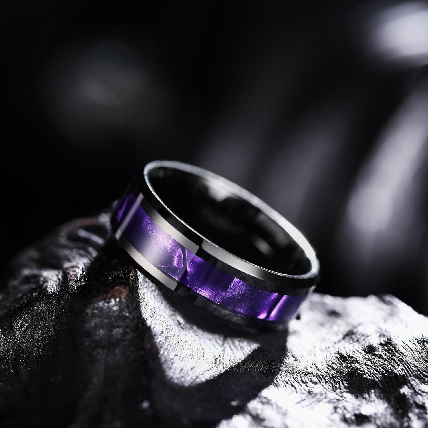 imageKing Will Tungsten Carbide Wedding Band for Men 8mm Black High Polished Inlay GreenBlack Olive Shell Texture Patterns for Everyday Wear Comfort FitPurple Shell