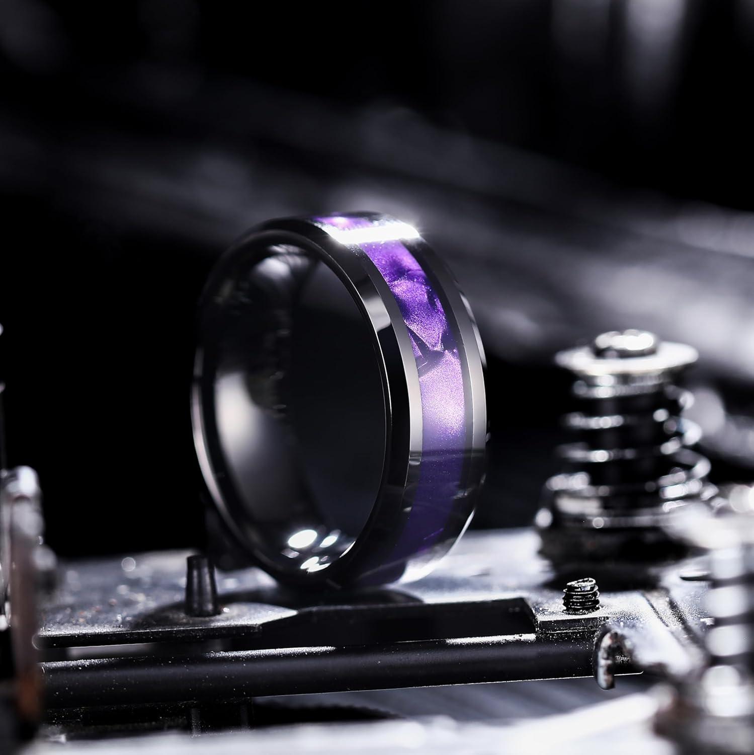 imageKing Will Tungsten Carbide Wedding Band for Men 8mm Black High Polished Inlay GreenBlack Olive Shell Texture Patterns for Everyday Wear Comfort FitPurple Shell