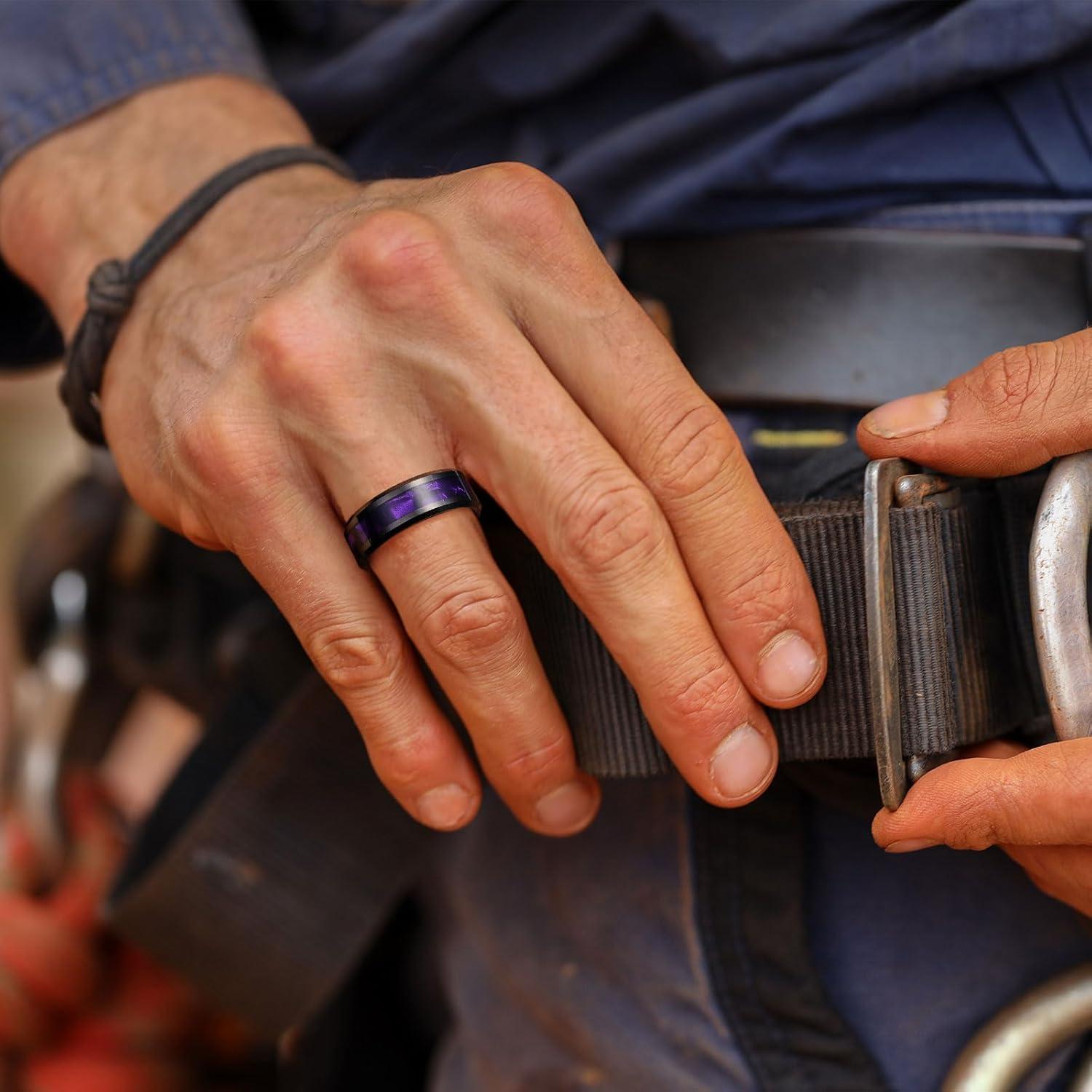 imageKing Will Tungsten Carbide Wedding Band for Men 8mm Black High Polished Inlay GreenBlack Olive Shell Texture Patterns for Everyday Wear Comfort FitPurple Shell