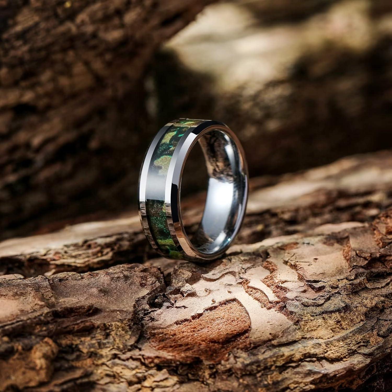imageKing Will Tungsten Carbide Wedding Band for Men 8mm Black High Polished Inlay GreenBlack Olive Shell Texture Patterns for Everyday Wear Comfort FitSilver Green Camo 8mm