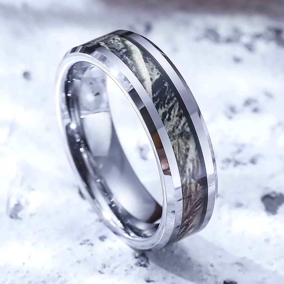 imageKing Will Tungsten Carbide Wedding Band for Men 8mm Black High Polished Inlay GreenBlack Olive Shell Texture Patterns for Everyday Wear Comfort FitSilver Camo 6mm