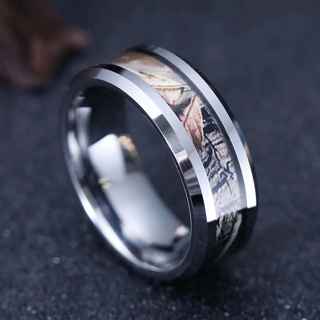 imageKing Will Tungsten Carbide Wedding Band for Men 8mm Black High Polished Inlay GreenBlack Olive Shell Texture Patterns for Everyday Wear Comfort FitSilver Camo 8mm