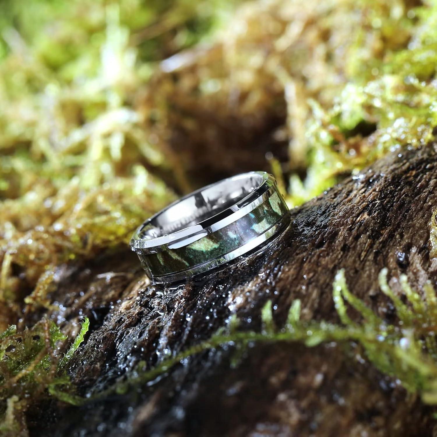 imageKing Will Tungsten Carbide Wedding Band for Men 8mm Black High Polished Inlay GreenBlack Olive Shell Texture Patterns for Everyday Wear Comfort FitSilver Green Camo 8mm
