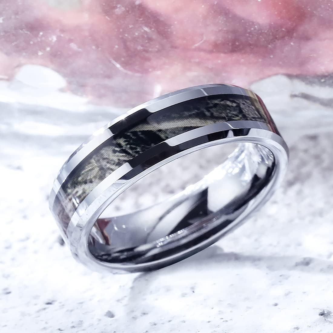 imageKing Will Tungsten Carbide Wedding Band for Men 8mm Black High Polished Inlay GreenBlack Olive Shell Texture Patterns for Everyday Wear Comfort FitSilver Camo 6mm