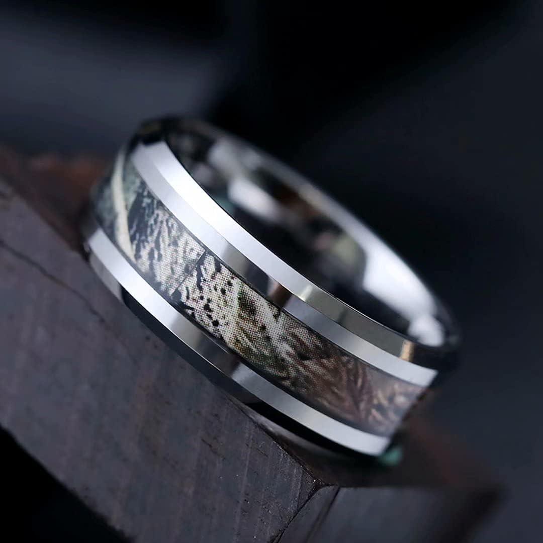 imageKing Will Tungsten Carbide Wedding Band for Men 8mm Black High Polished Inlay GreenBlack Olive Shell Texture Patterns for Everyday Wear Comfort FitSilver Camo 8mm