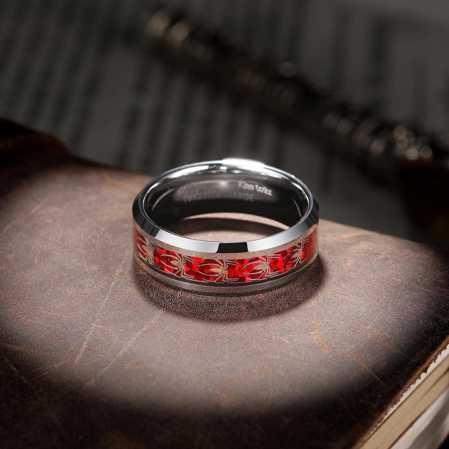 imageKing Will Tungsten Carbide Wedding Band for Men 8mm Black High Polished Inlay Spider for Everyday Wear Comfort FitSilver Red