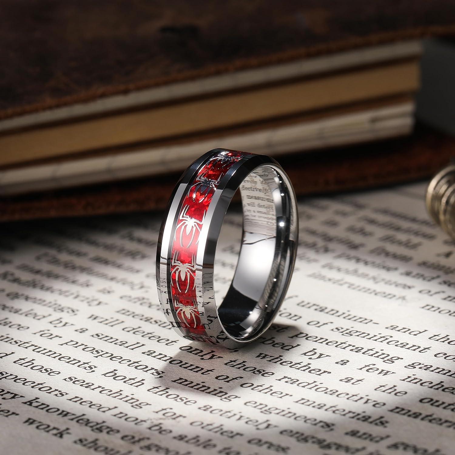 imageKing Will Tungsten Carbide Wedding Band for Men 8mm Black High Polished Inlay Spider for Everyday Wear Comfort FitSilver Red