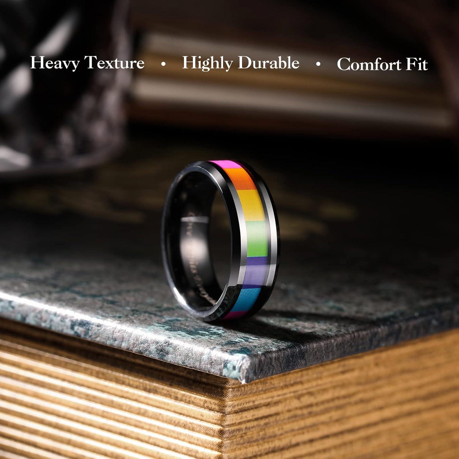 imageKing Will Tungsten Carbide Wedding Band for Men 8mm Black Plated High Polished Inlay Rainbow Sticker Rings for Weddding Engagement Comfort FitRainbow Black