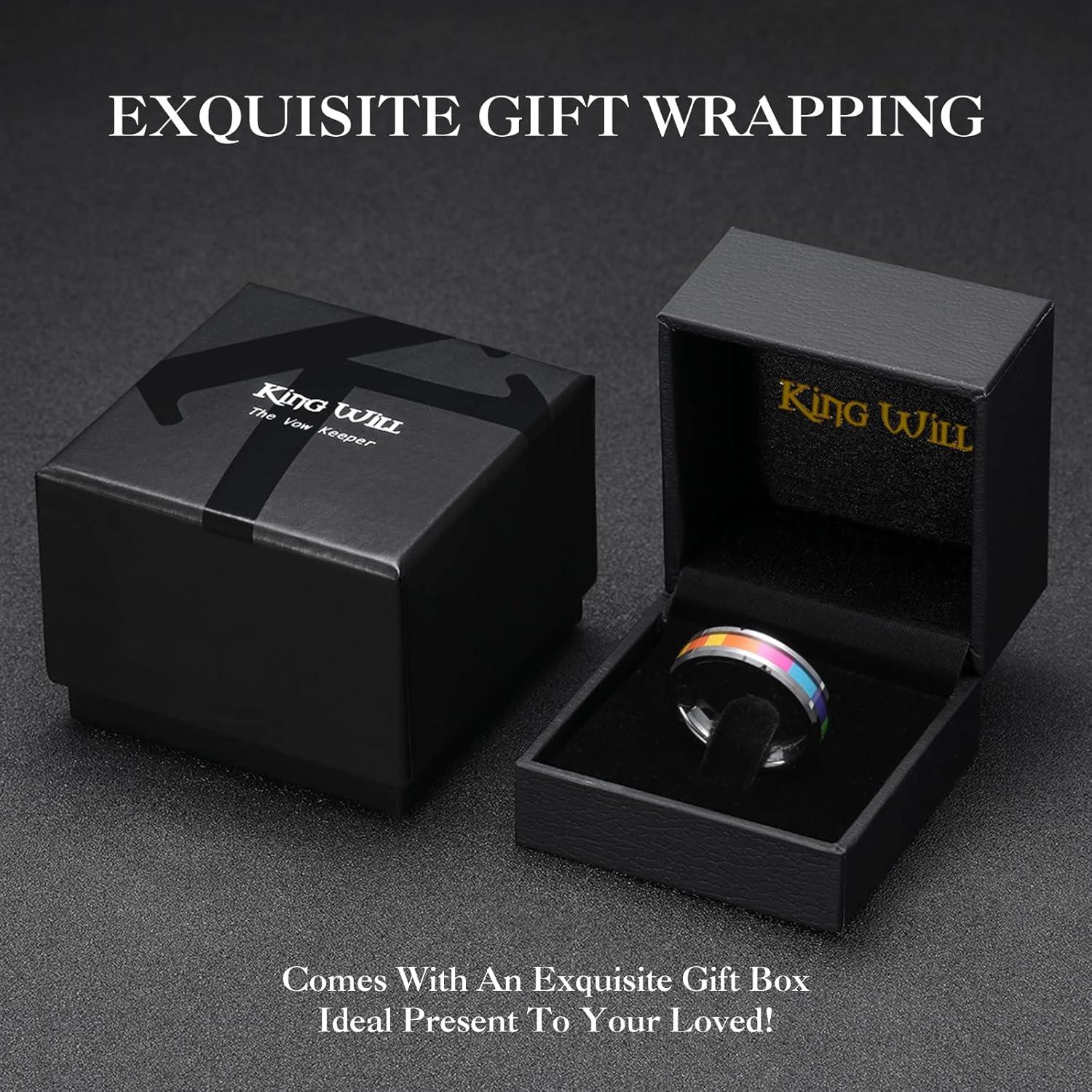 imageKing Will Tungsten Carbide Wedding Band for Men 8mm Black Plated High Polished Inlay Rainbow Sticker Rings for Weddding Engagement Comfort FitRainbow Silver