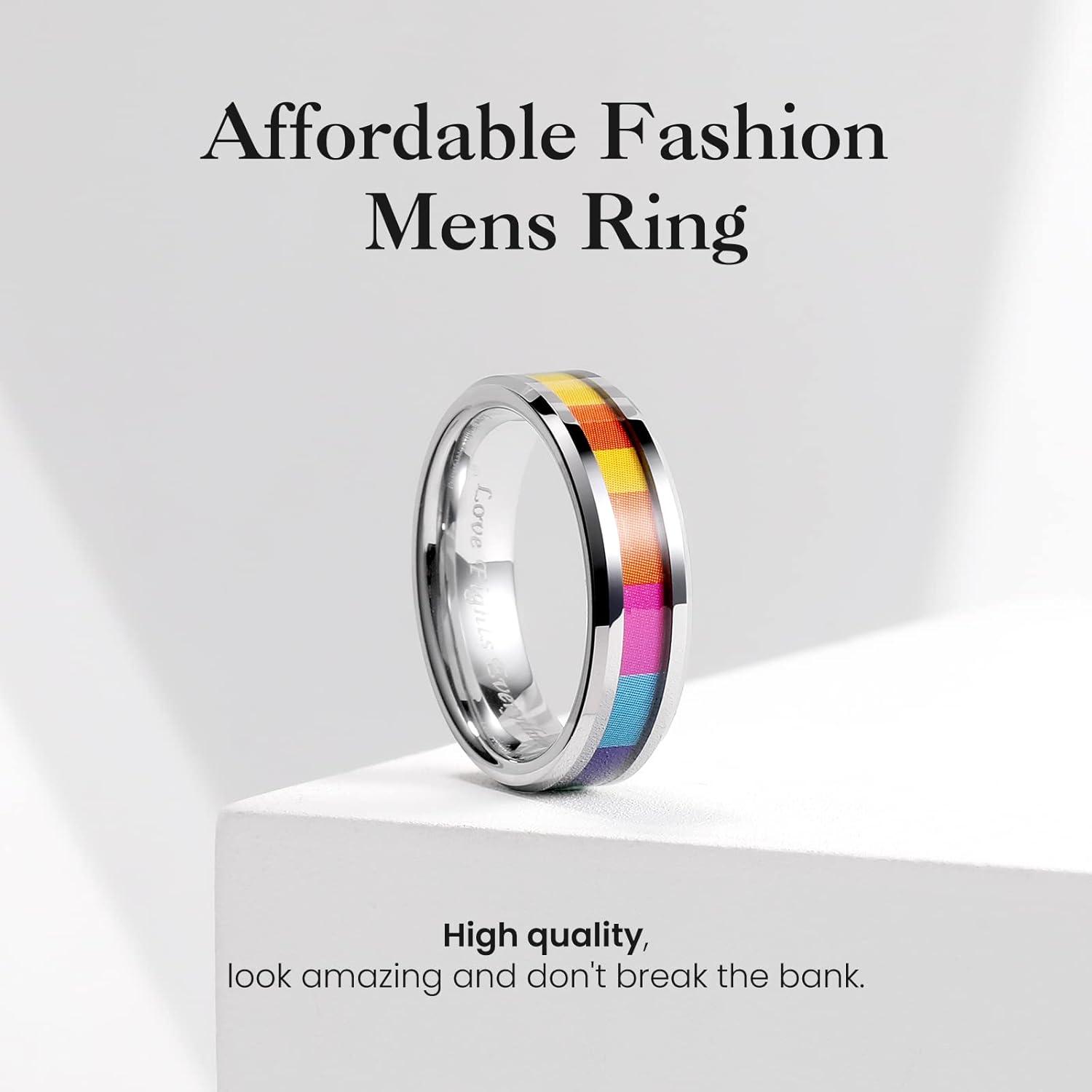 imageKing Will Tungsten Carbide Wedding Band for Men 8mm Black Plated High Polished Inlay Rainbow Sticker Rings for Weddding Engagement Comfort FitRainbow Silver