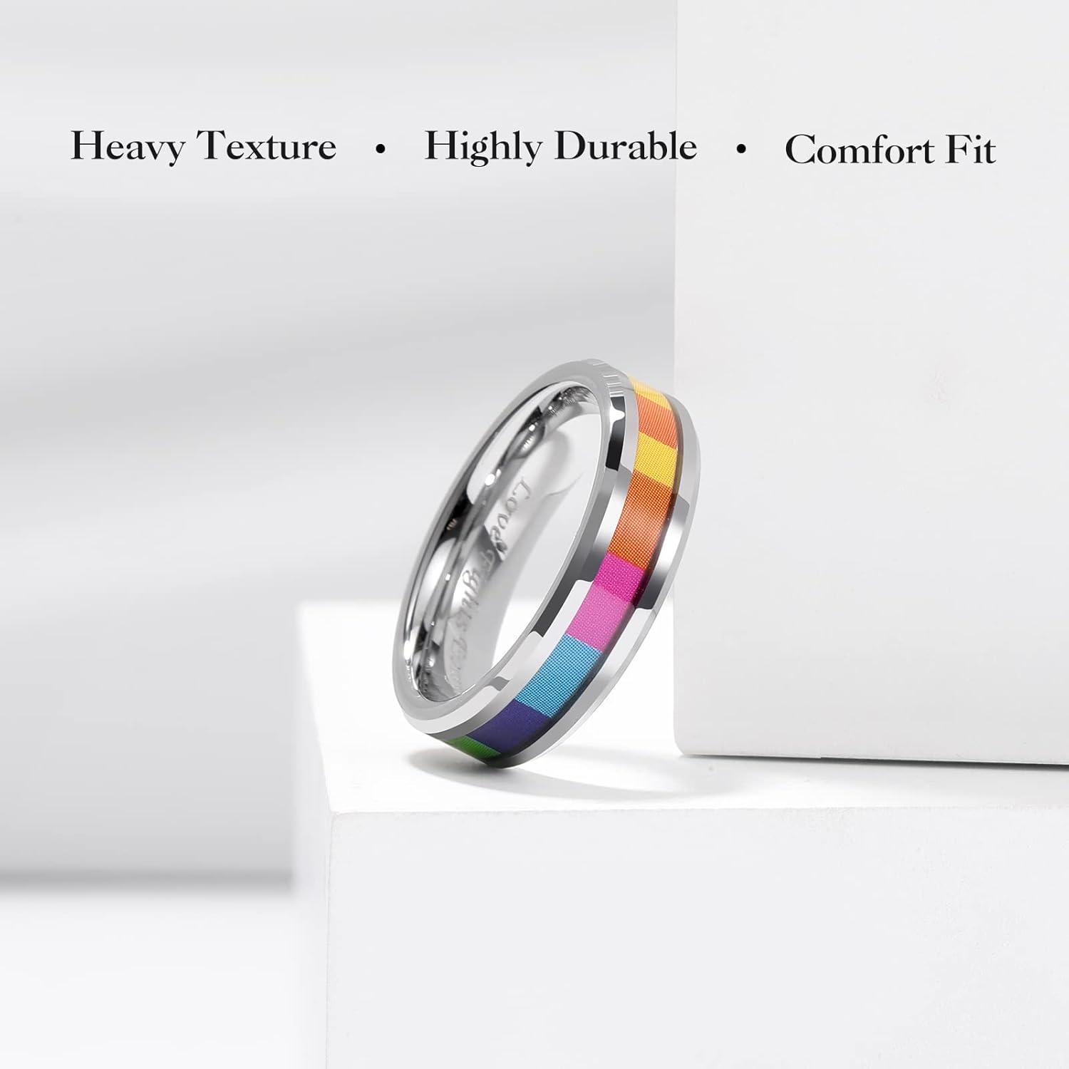 imageKing Will Tungsten Carbide Wedding Band for Men 8mm Black Plated High Polished Inlay Rainbow Sticker Rings for Weddding Engagement Comfort FitRainbow Silver