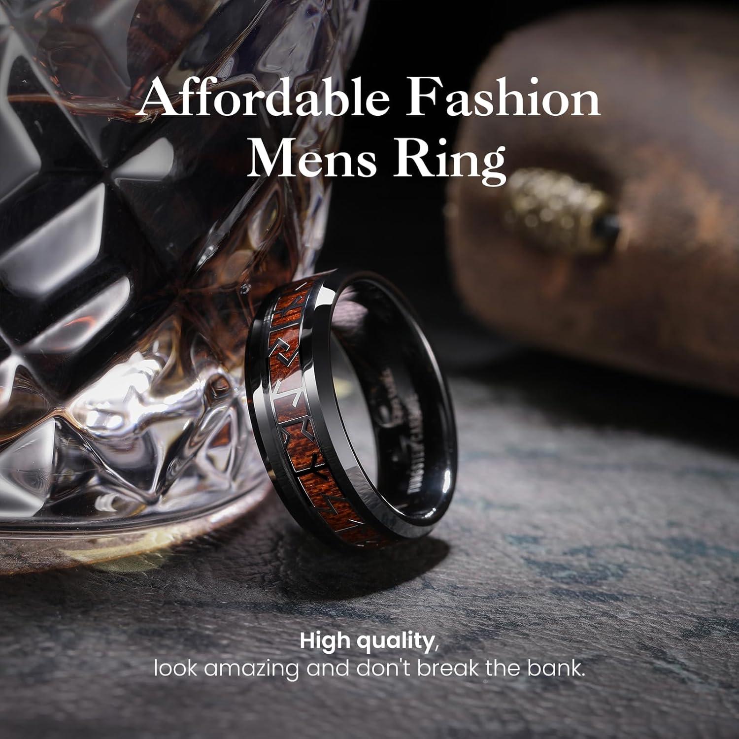 imageKing Will Tungsten Carbide Wedding Band for Men 8mm BlackSilverGold Inlay with Norse Viking Rune ampamp Hawaii Koa Wood Mens Ring High Polished Beveled Edge for Daily Wear Comfort Fit Size 714Black