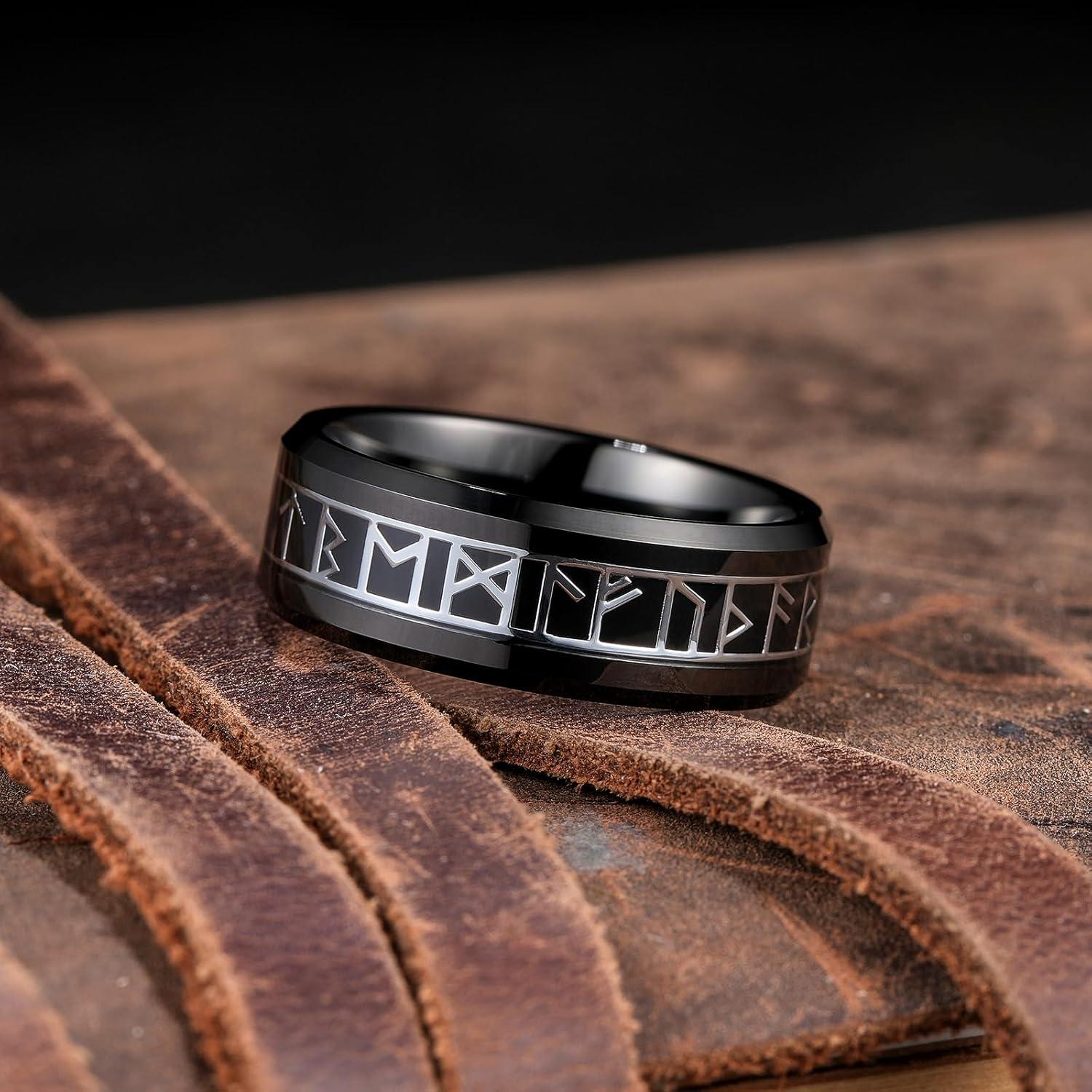 imageKing Will Tungsten Carbide Wedding Band for Men 8mm BlackSilverGold Inlay with Norse Viking Rune ampamp Hawaii Koa Wood Mens Ring High Polished Beveled Edge for Daily Wear Comfort Fit Size 714Black Silver
