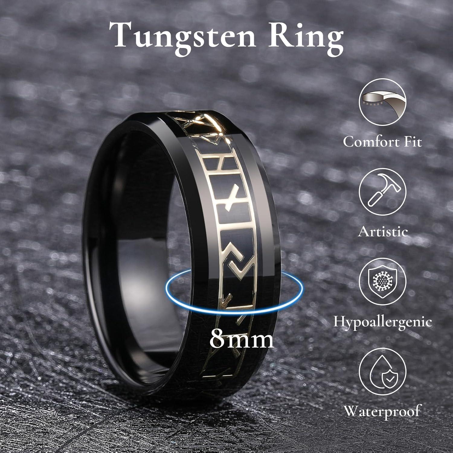 imageKing Will Tungsten Carbide Wedding Band for Men 8mm BlackSilverGold Inlay with Norse Viking Rune ampamp Hawaii Koa Wood Mens Ring High Polished Beveled Edge for Daily Wear Comfort Fit Size 714Black Gold
