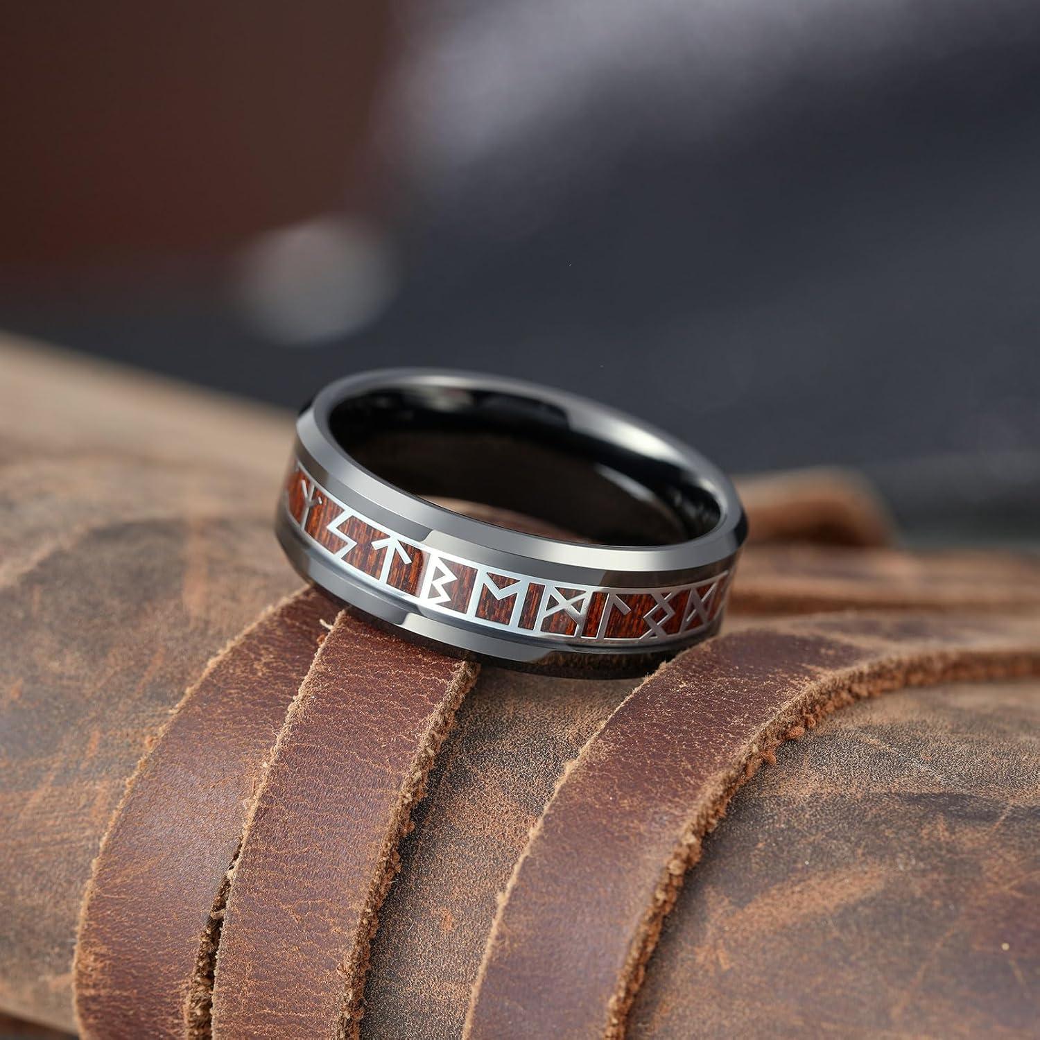 imageKing Will Tungsten Carbide Wedding Band for Men 8mm BlackSilverGold Inlay with Norse Viking Rune ampamp Hawaii Koa Wood Mens Ring High Polished Beveled Edge for Daily Wear Comfort Fit Size 714Black Silver Viking Rune