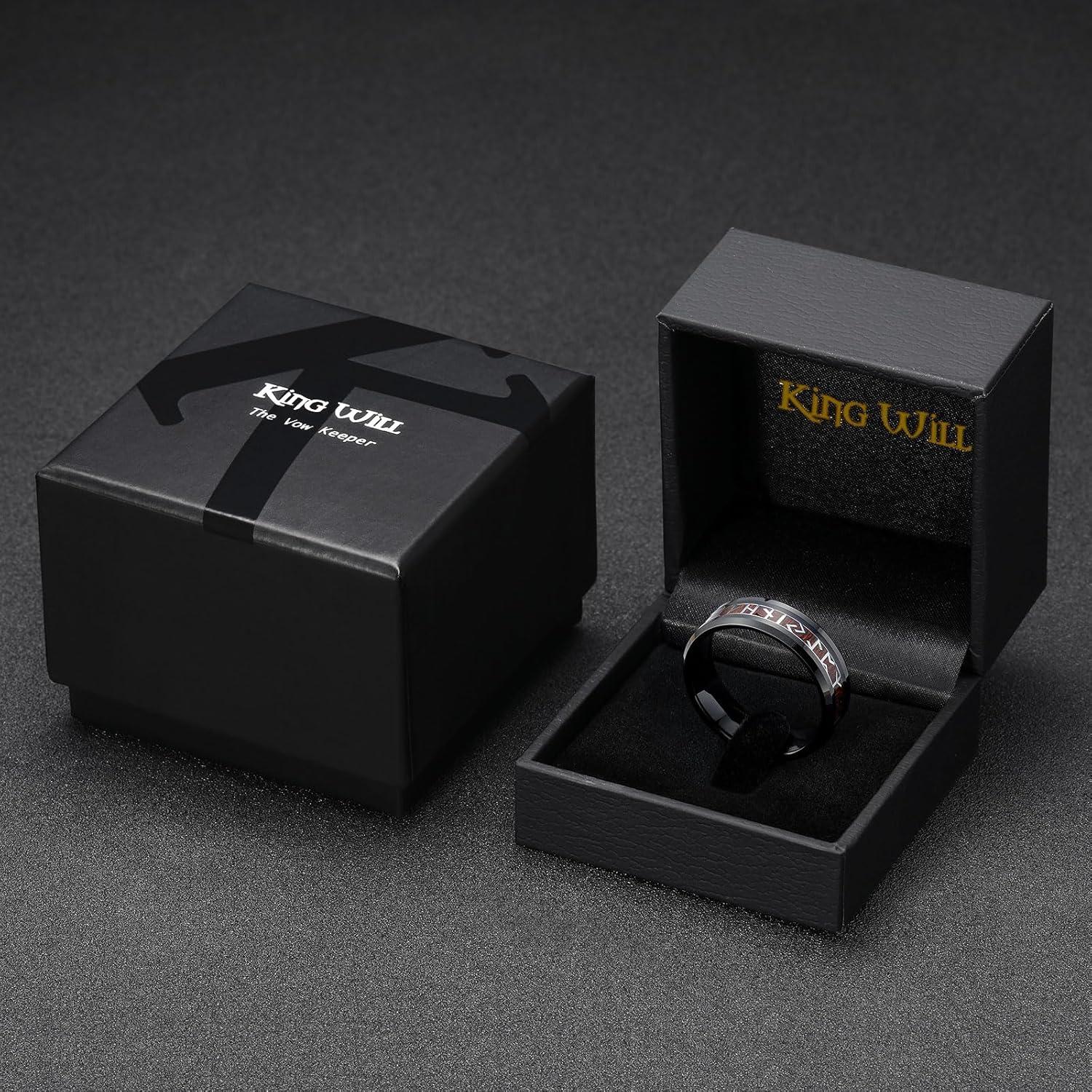 imageKing Will Tungsten Carbide Wedding Band for Men 8mm BlackSilverGold Inlay with Norse Viking Rune ampamp Hawaii Koa Wood Mens Ring High Polished Beveled Edge for Daily Wear Comfort Fit Size 714Black Silver Viking Rune