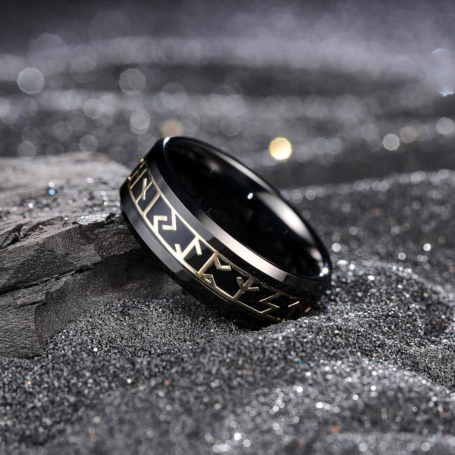 imageKing Will Tungsten Carbide Wedding Band for Men 8mm BlackSilverGold Inlay with Norse Viking Rune ampamp Hawaii Koa Wood Mens Ring High Polished Beveled Edge for Daily Wear Comfort Fit Size 714Black Gold