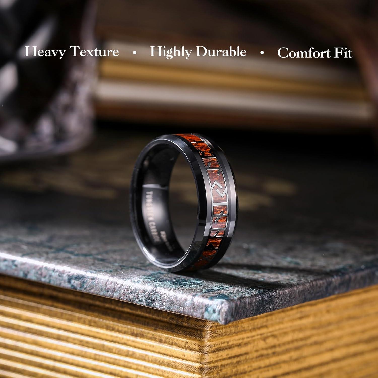 imageKing Will Tungsten Carbide Wedding Band for Men 8mm BlackSilverGold Inlay with Norse Viking Rune ampamp Hawaii Koa Wood Mens Ring High Polished Beveled Edge for Daily Wear Comfort Fit Size 714Black