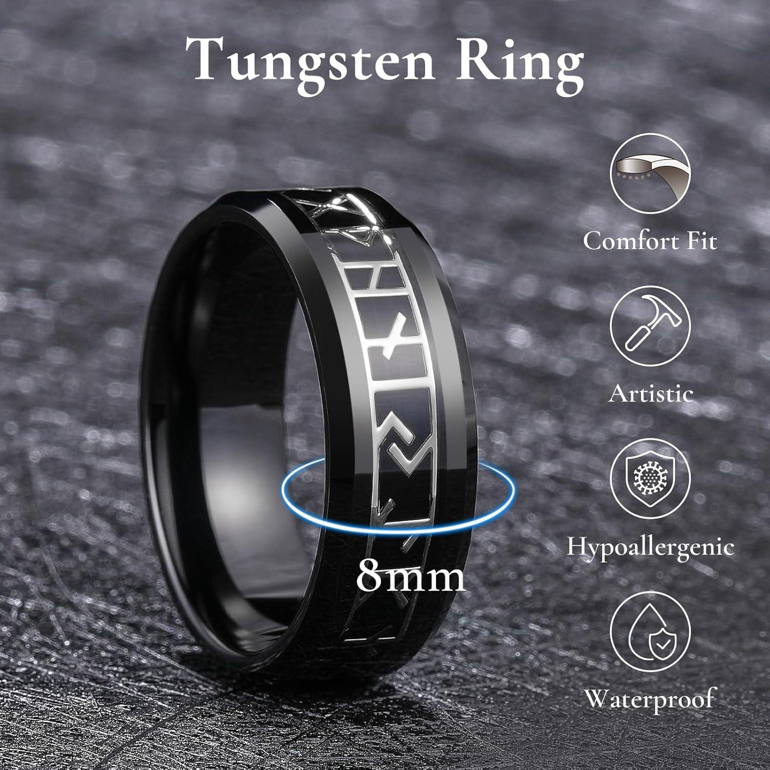 imageKing Will Tungsten Carbide Wedding Band for Men 8mm BlackSilverGold Inlay with Norse Viking Rune ampamp Hawaii Koa Wood Mens Ring High Polished Beveled Edge for Daily Wear Comfort Fit Size 714Black Silver