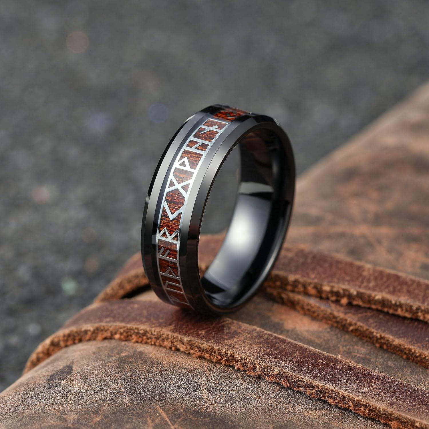 imageKing Will Tungsten Carbide Wedding Band for Men 8mm BlackSilverGold Inlay with Norse Viking Rune ampamp Hawaii Koa Wood Mens Ring High Polished Beveled Edge for Daily Wear Comfort Fit Size 714Black Silver Viking Rune