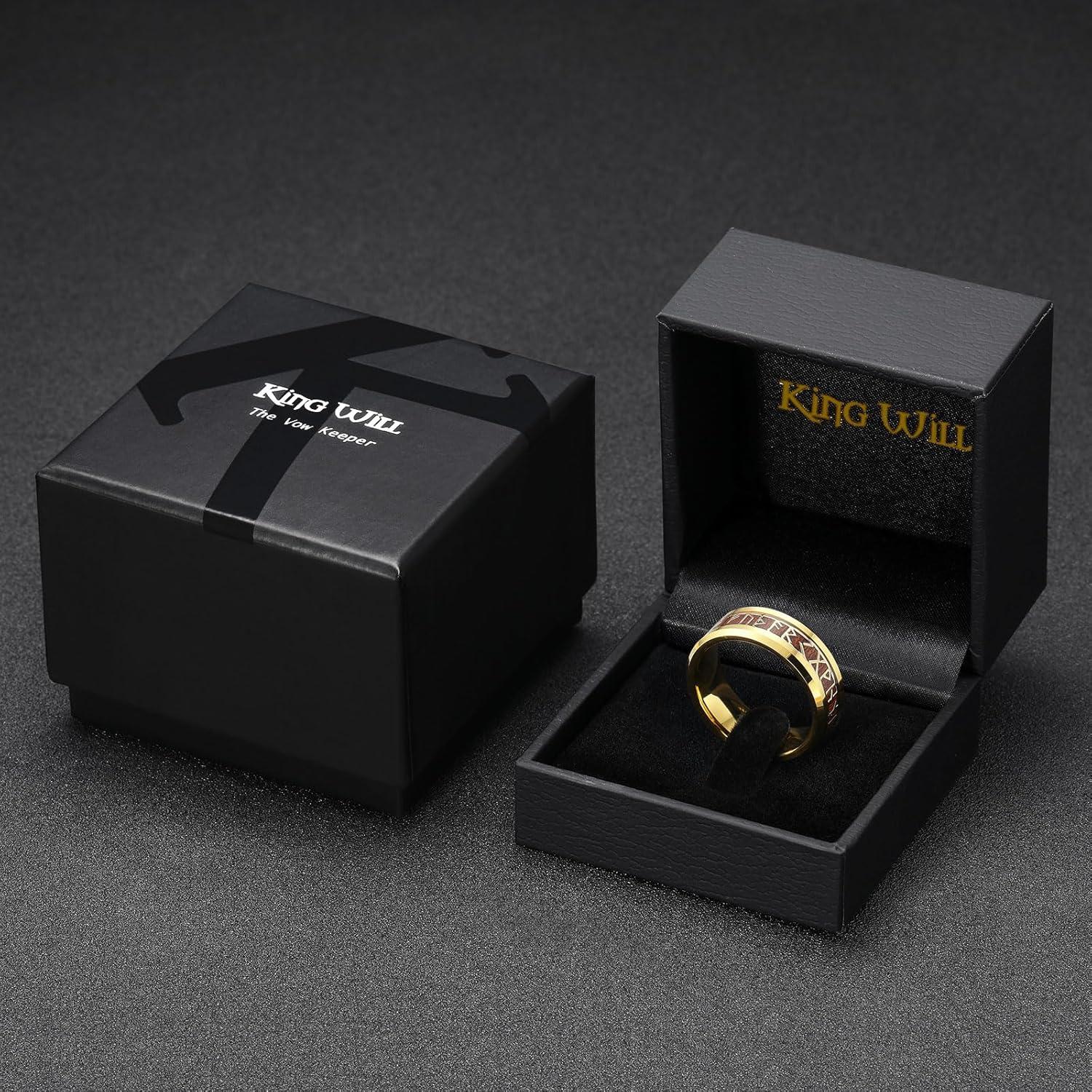 imageKing Will Tungsten Carbide Wedding Band for Men 8mm BlackSilverGold Inlay with Norse Viking Rune ampamp Hawaii Koa Wood Mens Ring High Polished Beveled Edge for Daily Wear Comfort Fit Size 714Gold