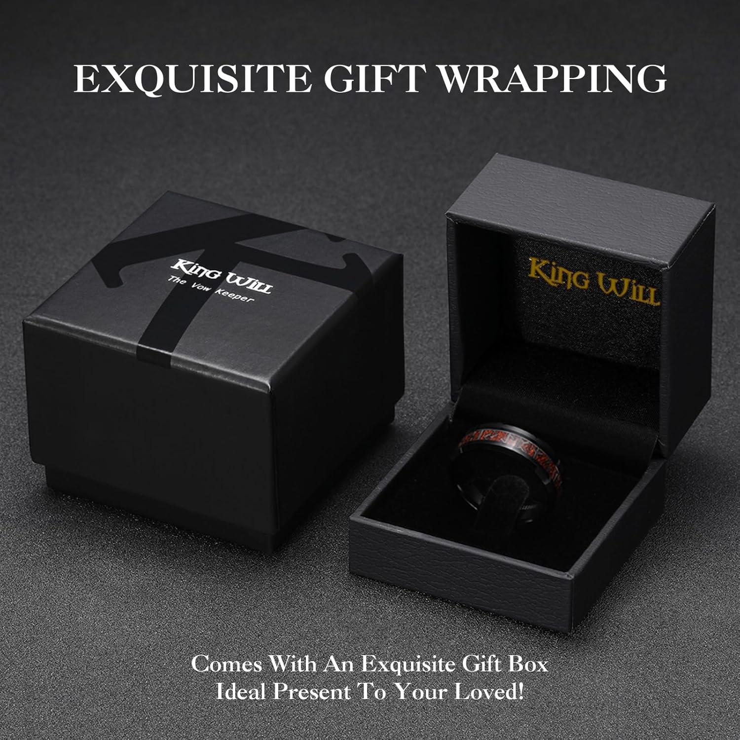 imageKing Will Tungsten Carbide Wedding Band for Men 8mm BlackSilverGold Inlay with Norse Viking Rune ampamp Hawaii Koa Wood Mens Ring High Polished Beveled Edge for Daily Wear Comfort Fit Size 714Black