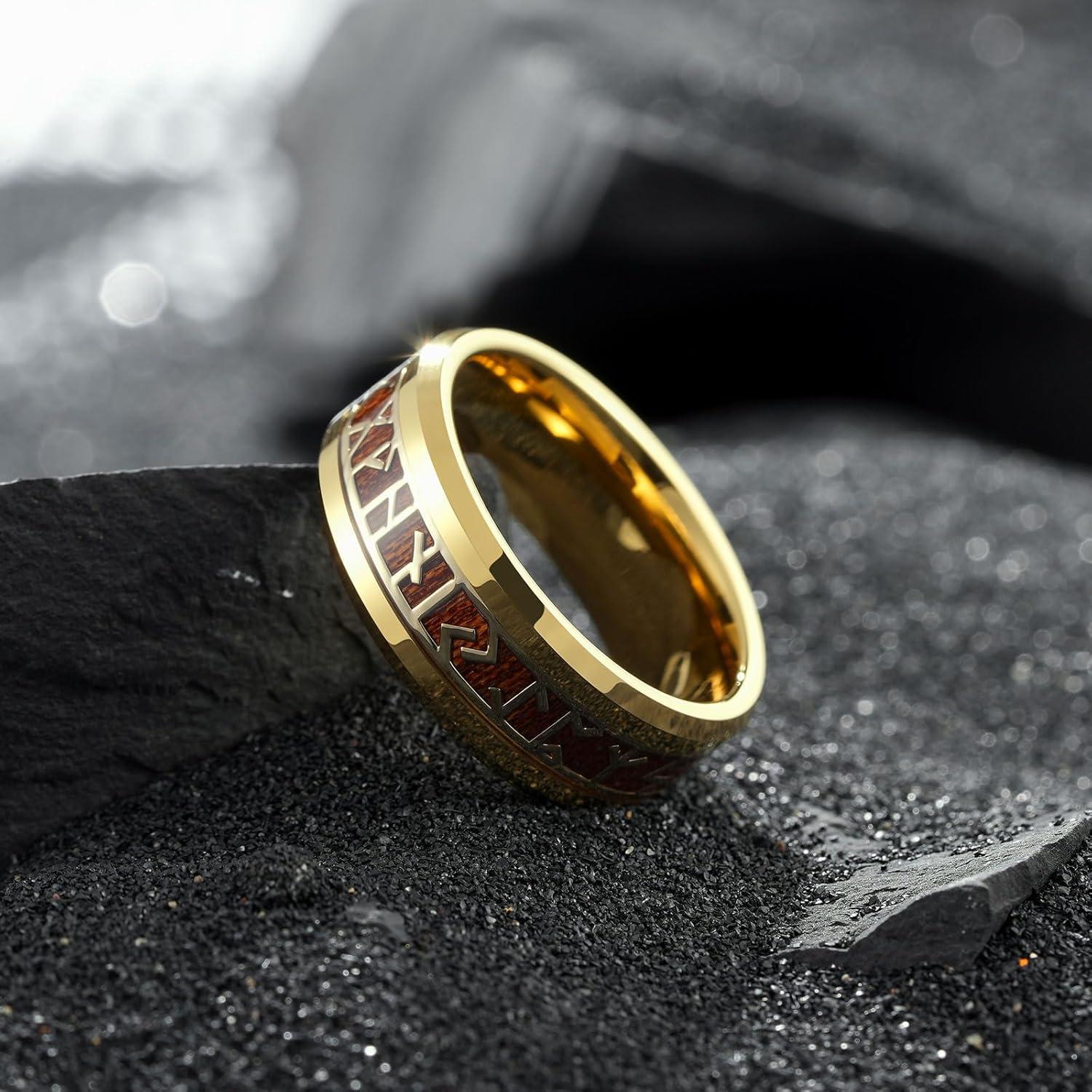 imageKing Will Tungsten Carbide Wedding Band for Men 8mm BlackSilverGold Inlay with Norse Viking Rune ampamp Hawaii Koa Wood Mens Ring High Polished Beveled Edge for Daily Wear Comfort Fit Size 714Gold
