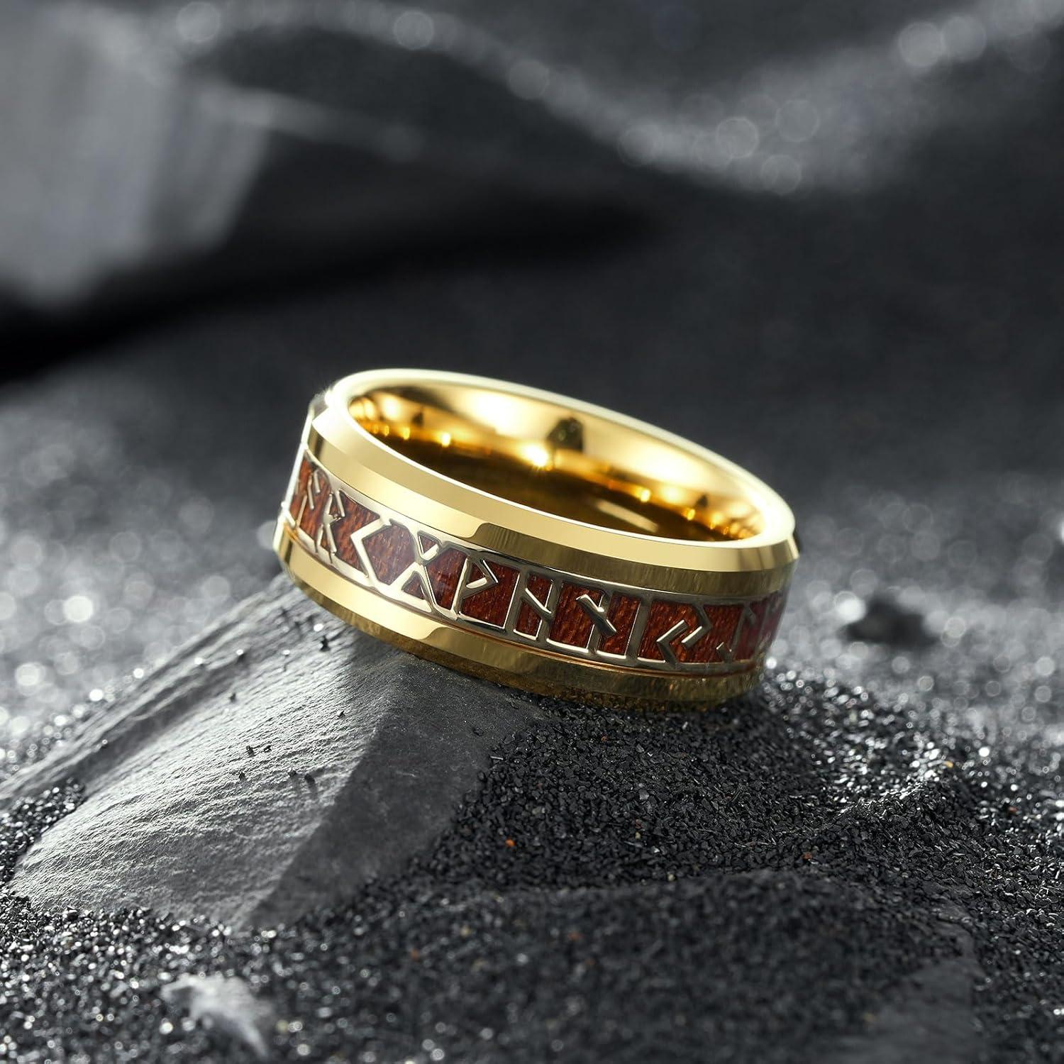 imageKing Will Tungsten Carbide Wedding Band for Men 8mm BlackSilverGold Inlay with Norse Viking Rune ampamp Hawaii Koa Wood Mens Ring High Polished Beveled Edge for Daily Wear Comfort Fit Size 714Gold