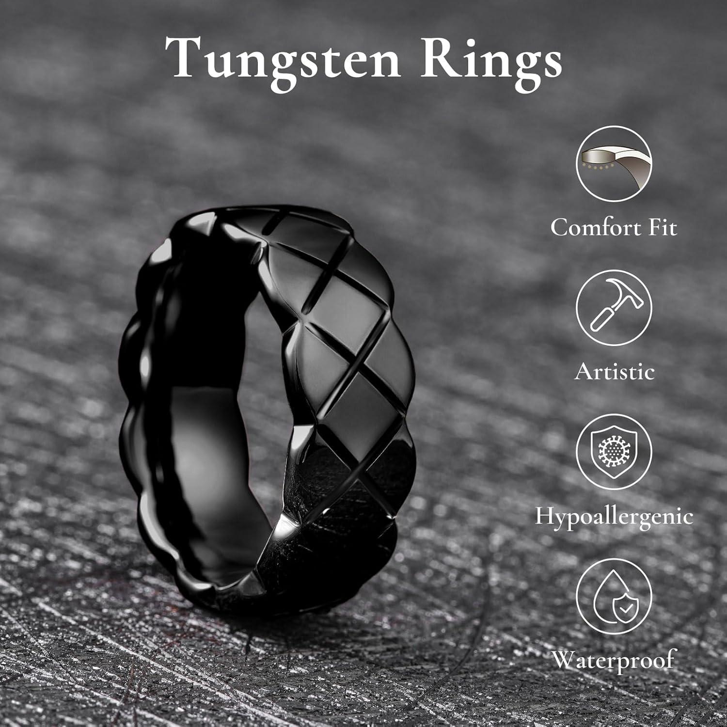 imageKing Will Tungsten Carbide Wedding Band for Men Women 8mm GoldBlack Plated Wedding Ring with Notch Design Comfort Fit Promise Ring Size 714Black