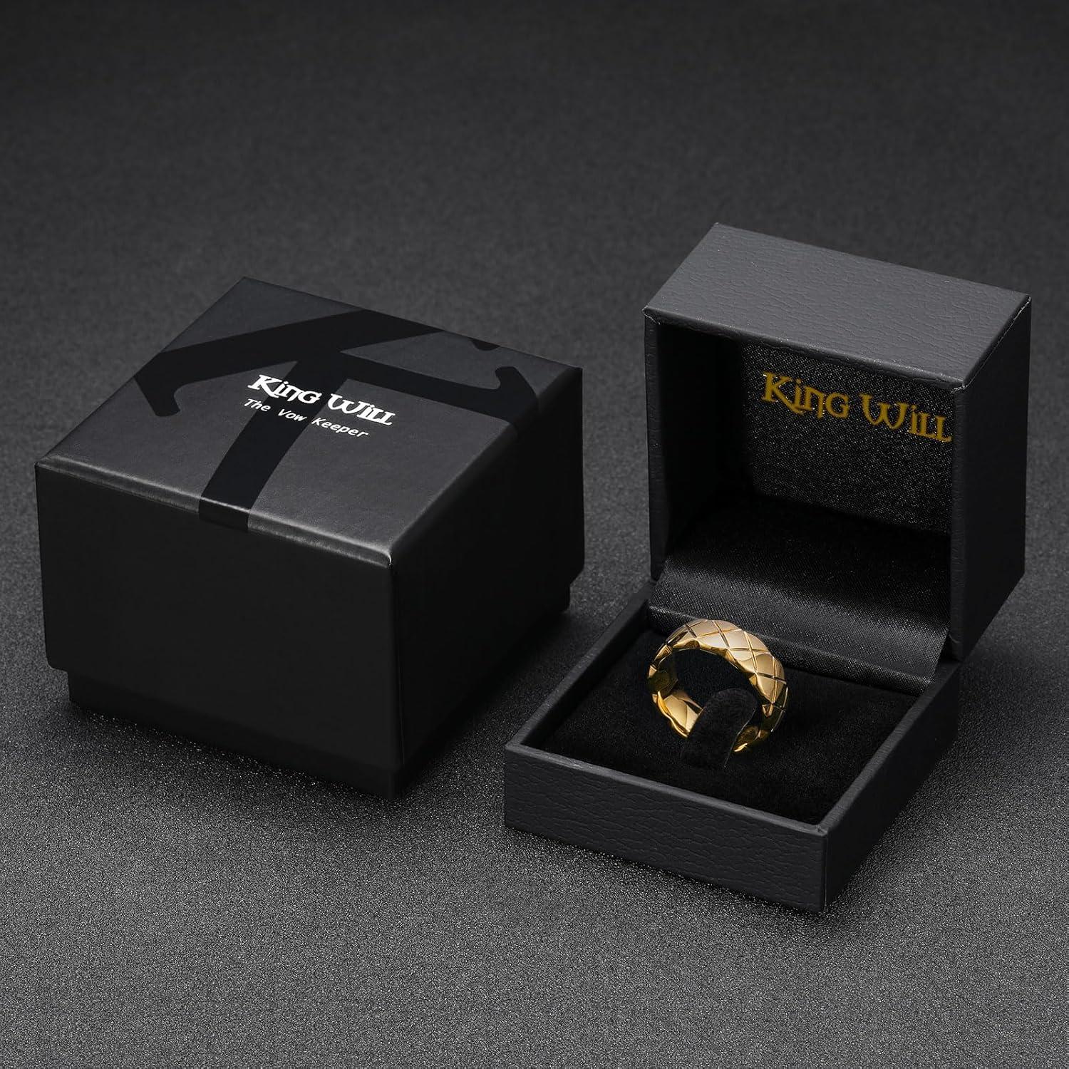 imageKing Will Tungsten Carbide Wedding Band for Men Women 8mm GoldBlack Plated Wedding Ring with Notch Design Comfort Fit Promise Ring Size 714Gold