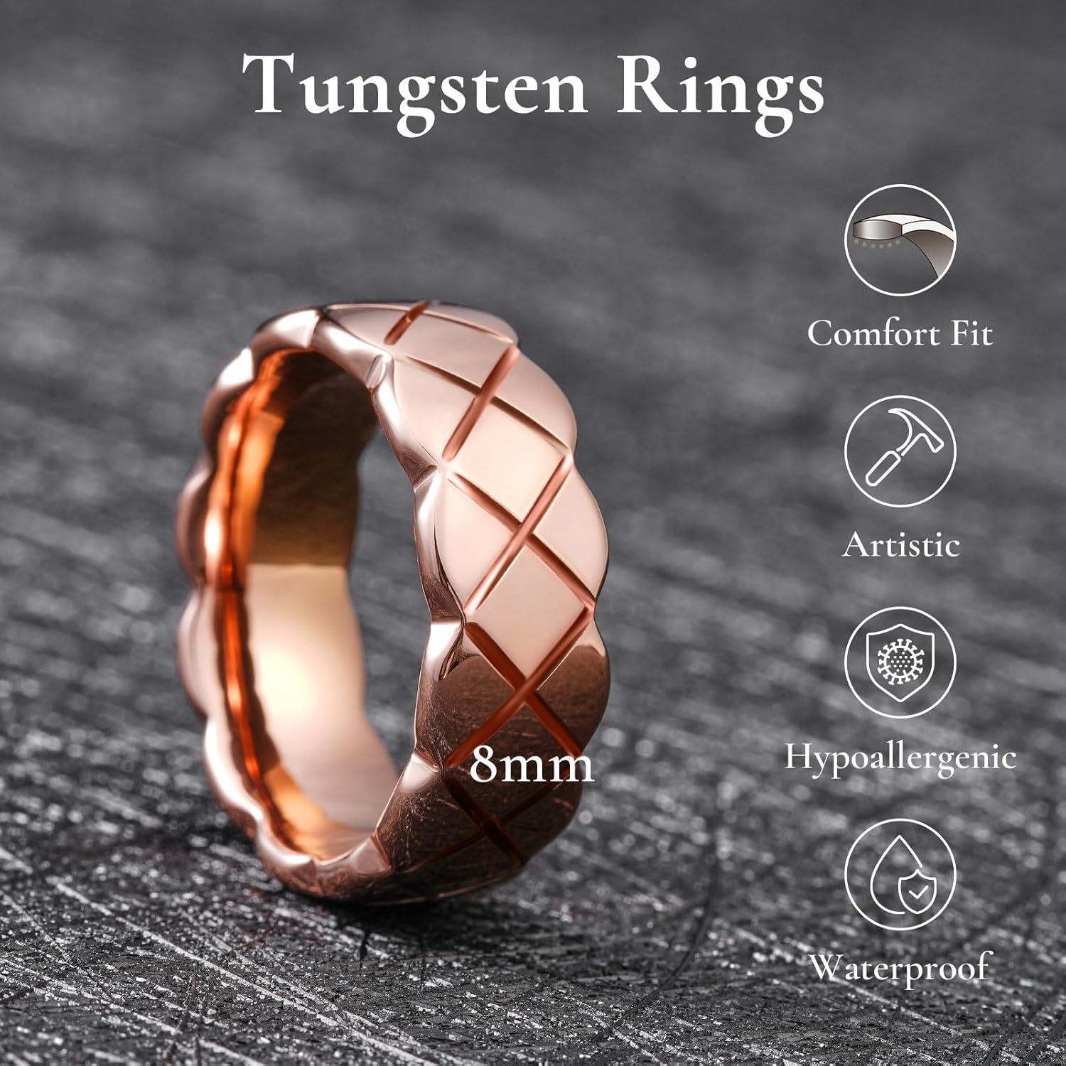 imageKing Will Tungsten Carbide Wedding Band for Men Women 8mm GoldBlack Plated Wedding Ring with Notch Design Comfort Fit Promise Ring Size 714Rose Gold
