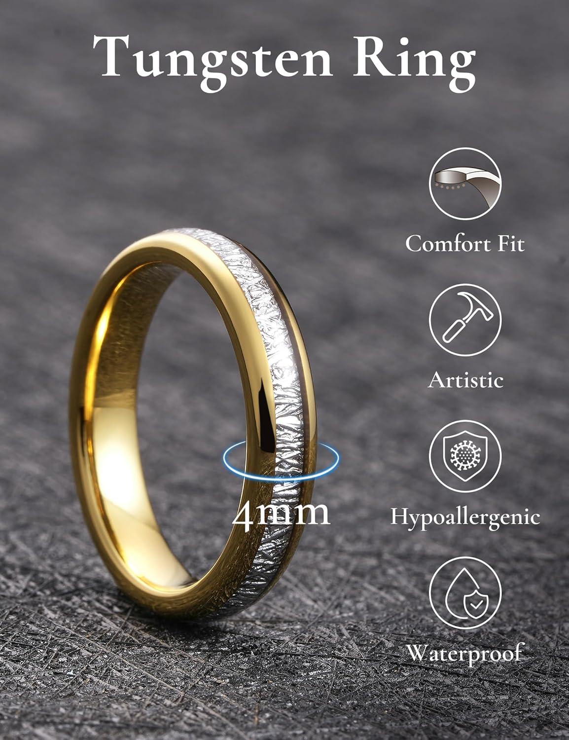 imageKing Will Tungsten Rings for Men Meteorite Carbon Fiber Wood Inlay Mens Wedding Engagement Band Domed Polished4mm Gold Silver