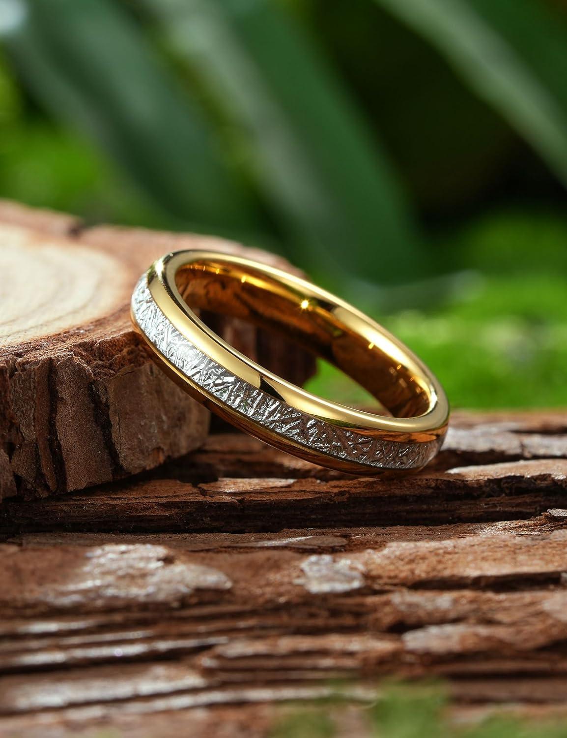 imageKing Will Tungsten Rings for Men Meteorite Carbon Fiber Wood Inlay Mens Wedding Engagement Band Domed Polished4mm Gold Silver