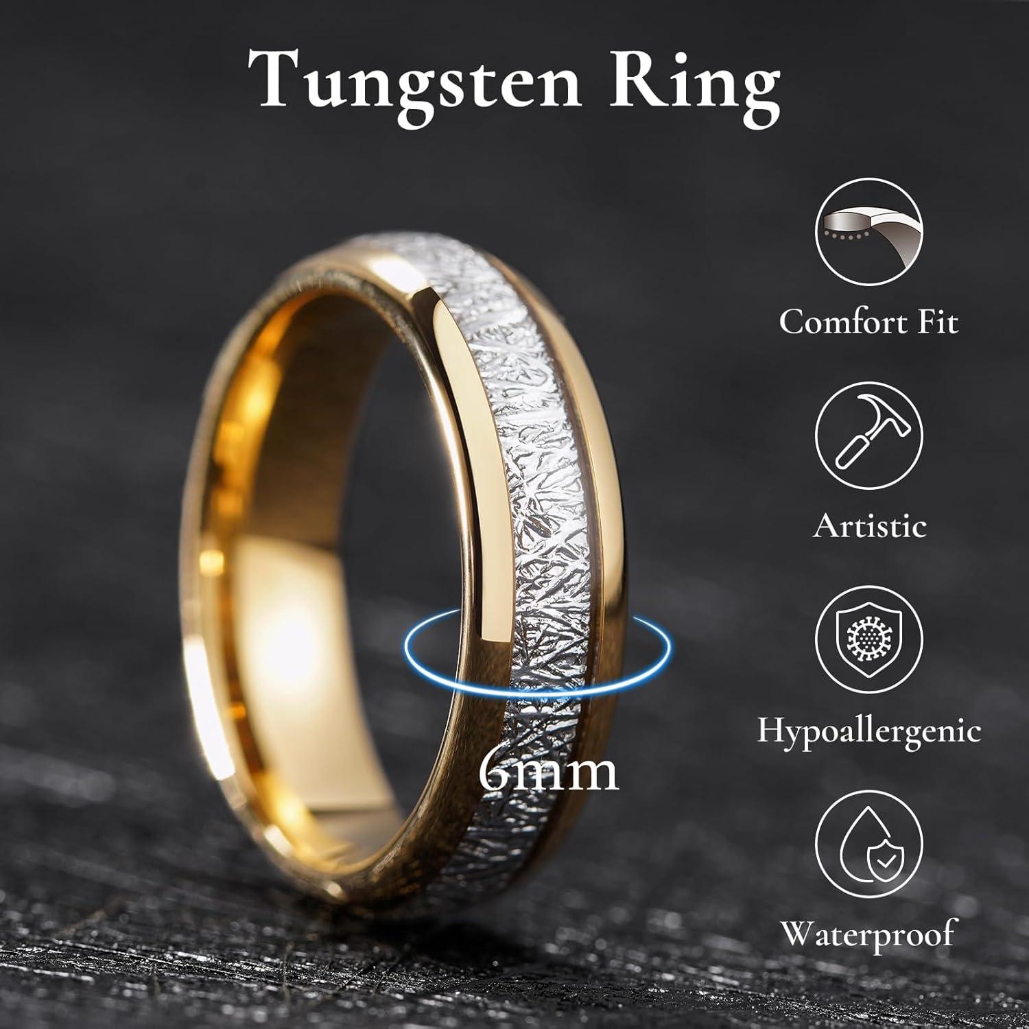 imageKing Will Tungsten Rings for Men Meteorite Carbon Fiber Wood Inlay Mens Wedding Engagement Band Domed Polished6mm Gold Silver