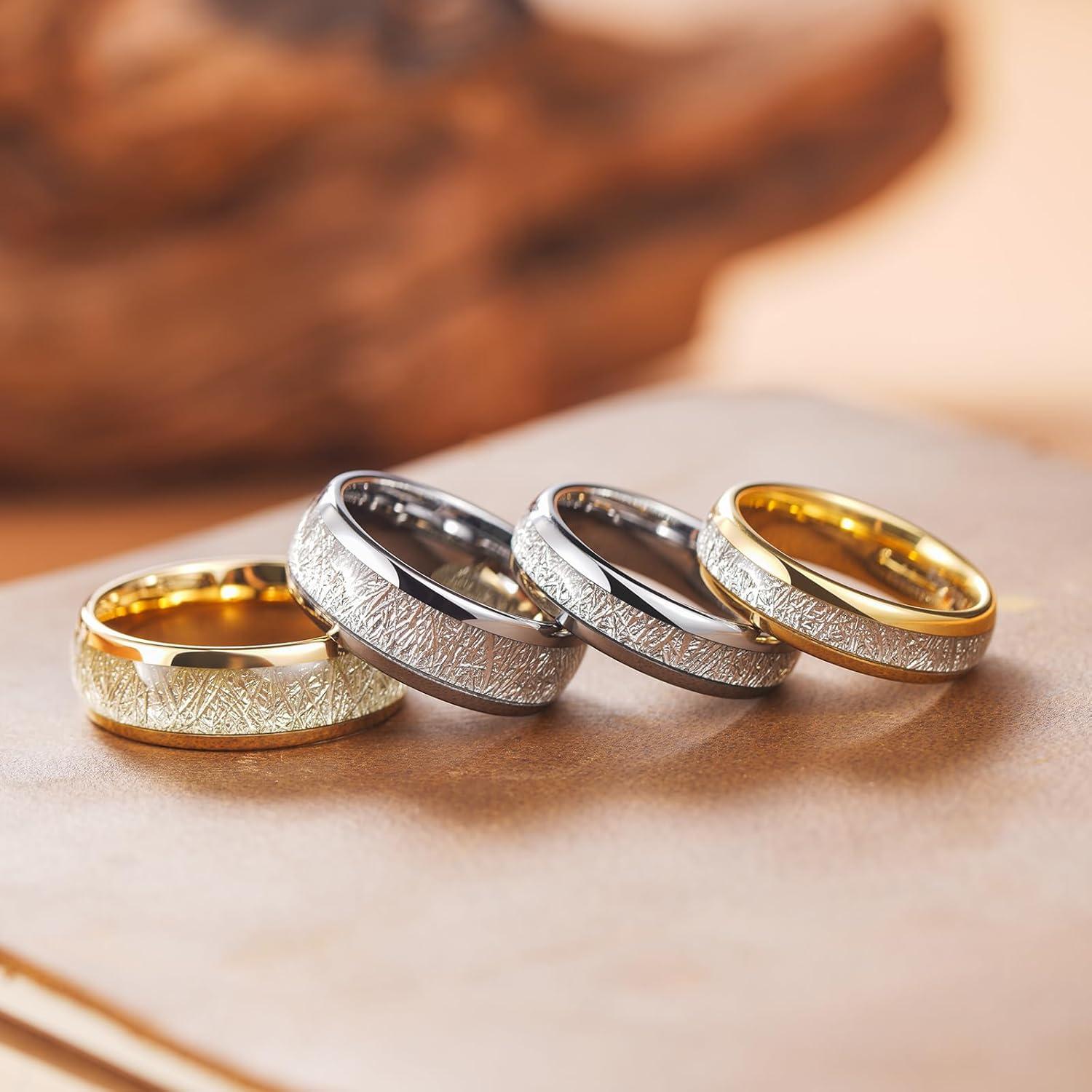 imageKing Will Tungsten Rings for Men Meteorite Carbon Fiber Wood Inlay Mens Wedding Engagement Band Domed Polished6mm Gold Silver