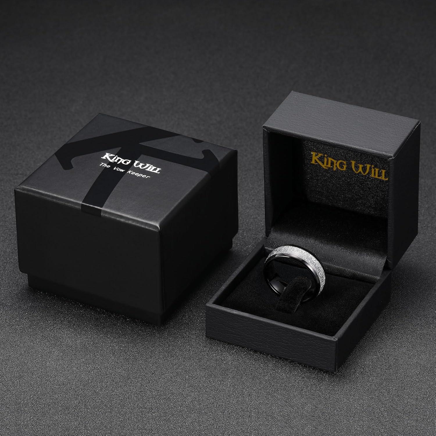 imageKing Will Tungsten Rings for Men Meteorite Carbon Fiber Wood Inlay Mens Wedding Engagement Band Domed Polished8mm Black Silver