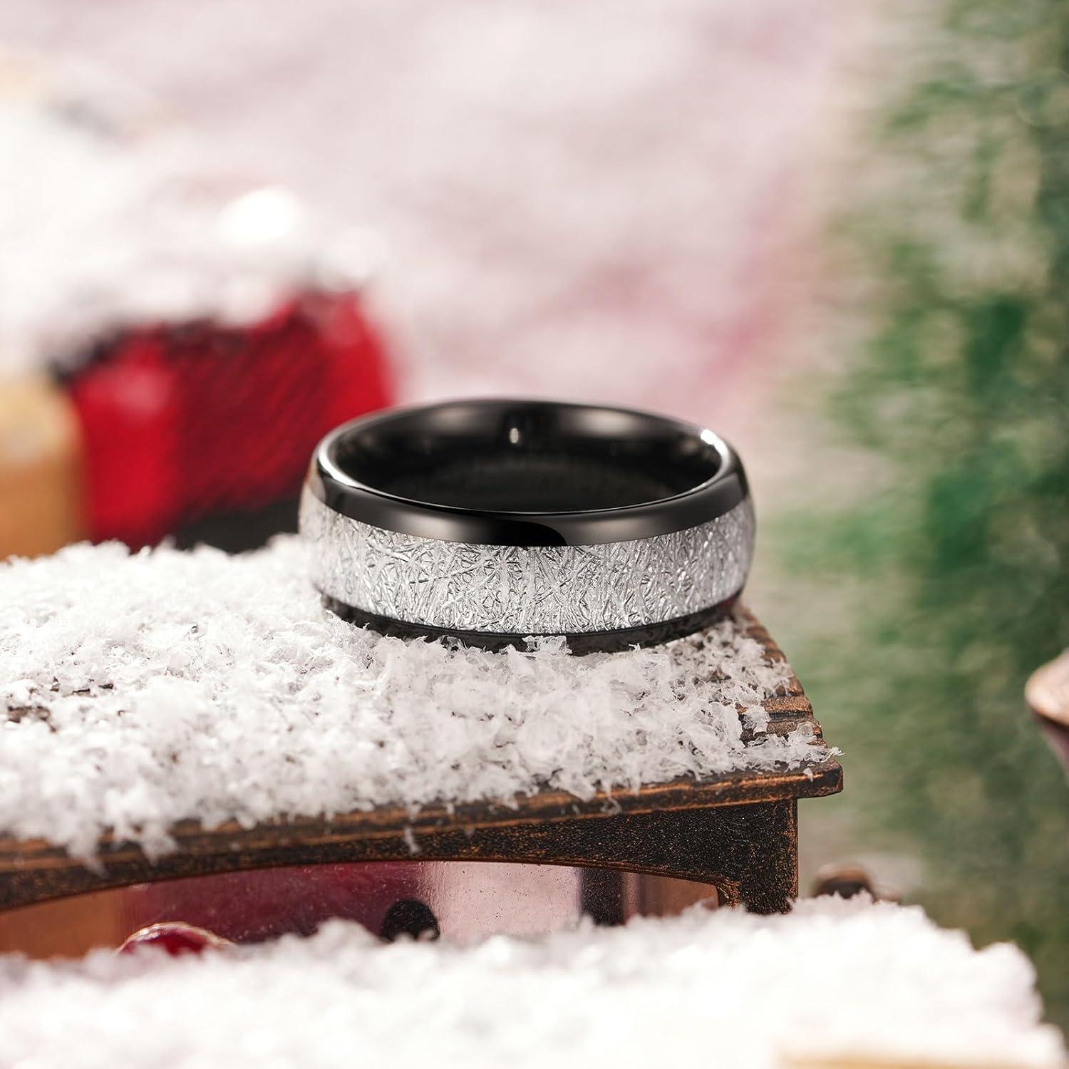 imageKing Will Tungsten Rings for Men Meteorite Carbon Fiber Wood Inlay Mens Wedding Engagement Band Domed Polished8mm Black Silver