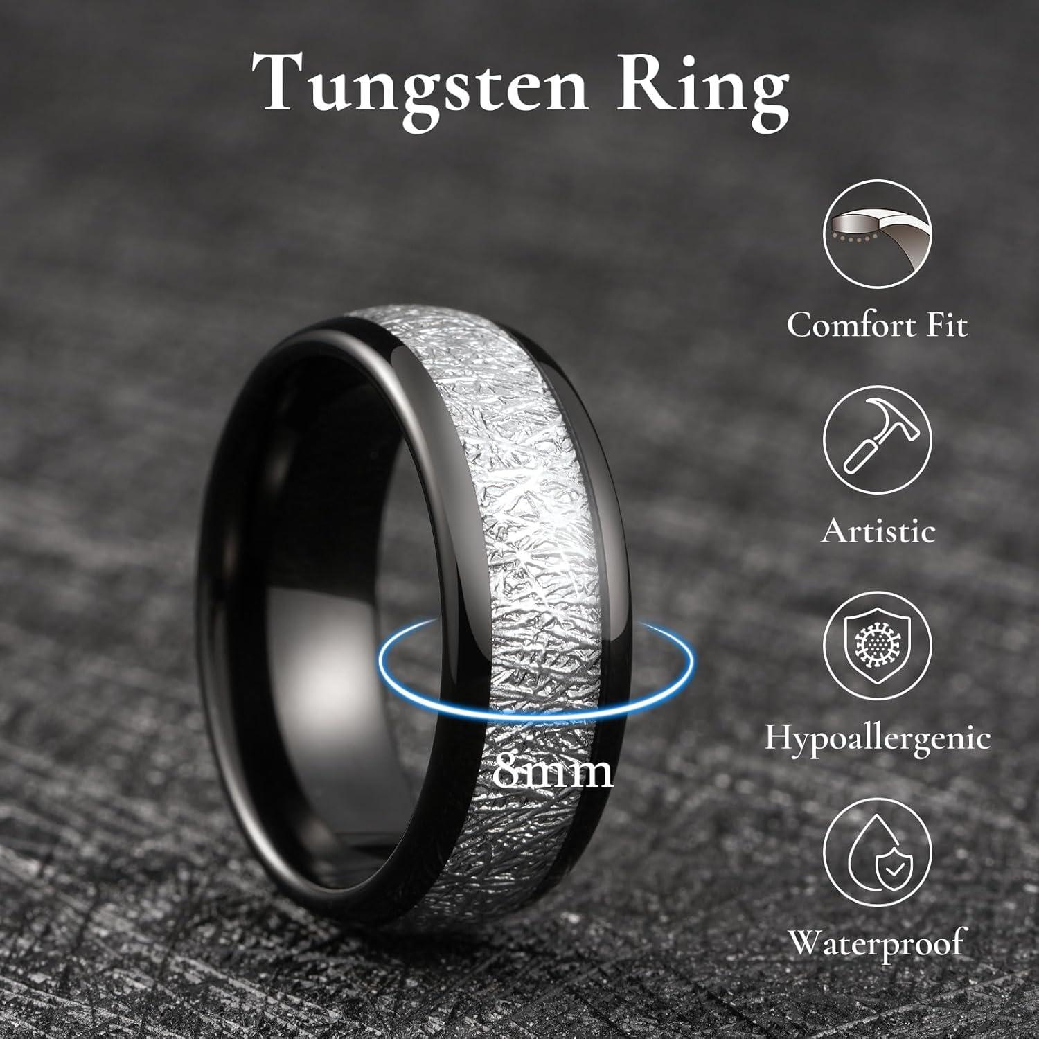 imageKing Will Tungsten Rings for Men Meteorite Carbon Fiber Wood Inlay Mens Wedding Engagement Band Domed Polished8mm Black Silver