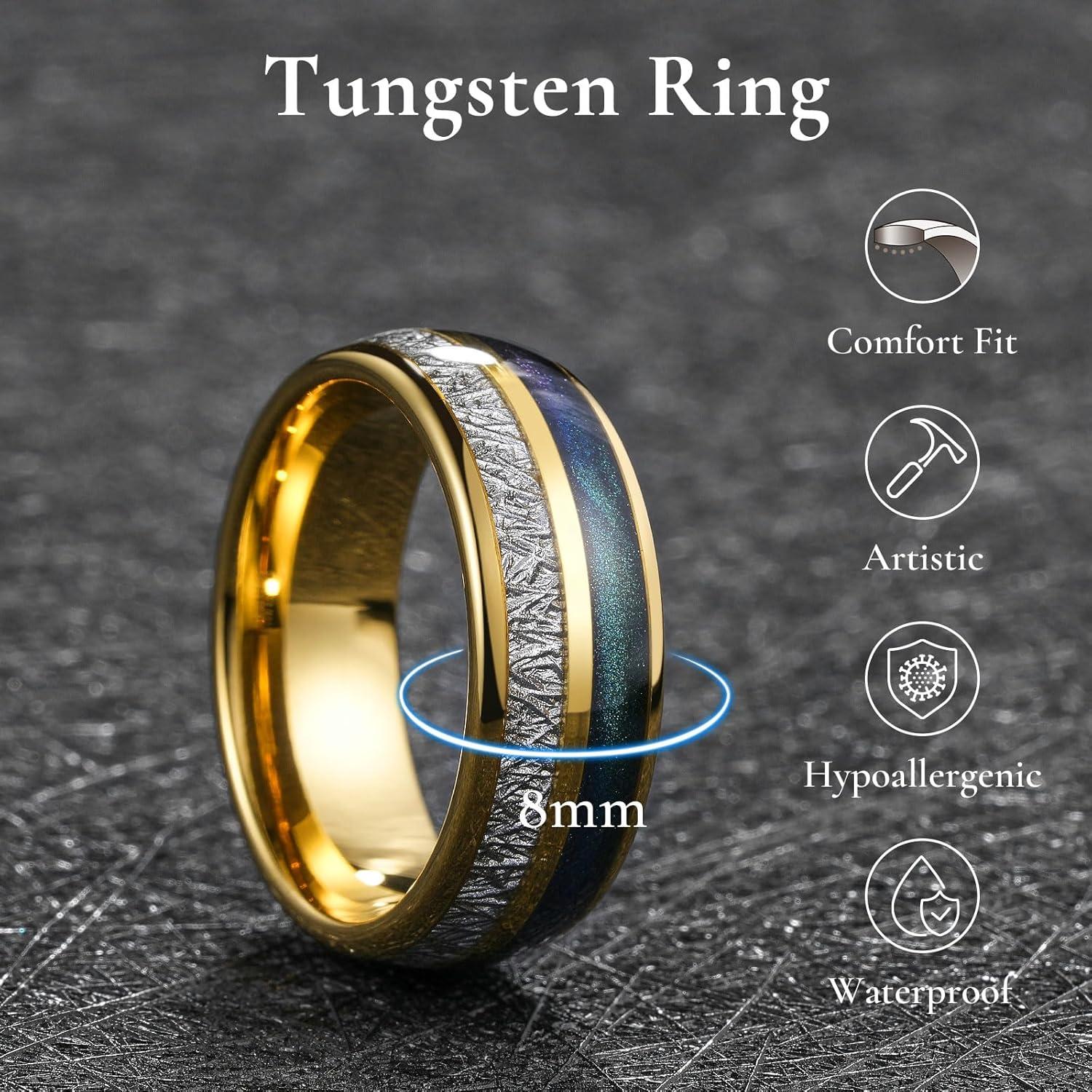 imageKing Will Tungsten Rings for Men Meteorite Carbon Fiber Wood Inlay Mens Wedding Engagement Band Domed Polished8mm Gold Sand Inlay