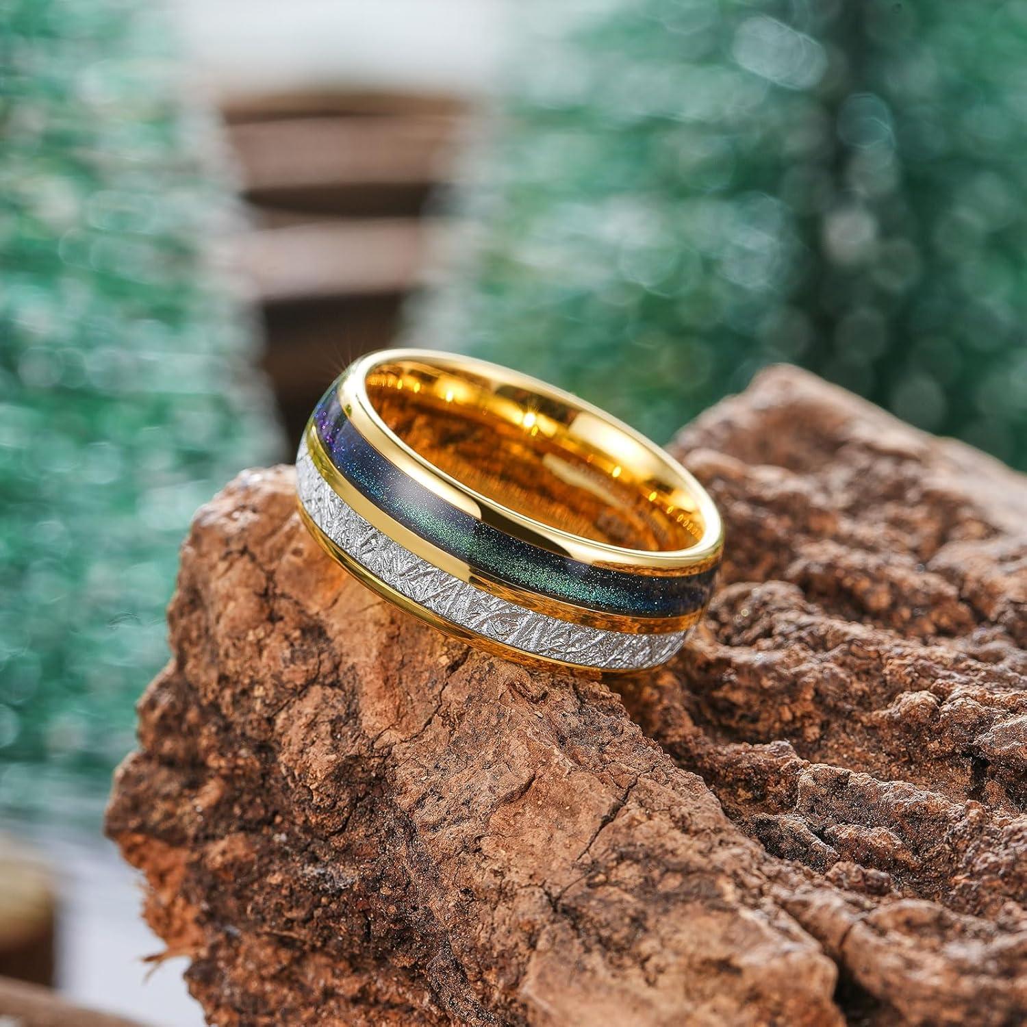 imageKing Will Tungsten Rings for Men Meteorite Carbon Fiber Wood Inlay Mens Wedding Engagement Band Domed Polished8mm Gold Sand Inlay