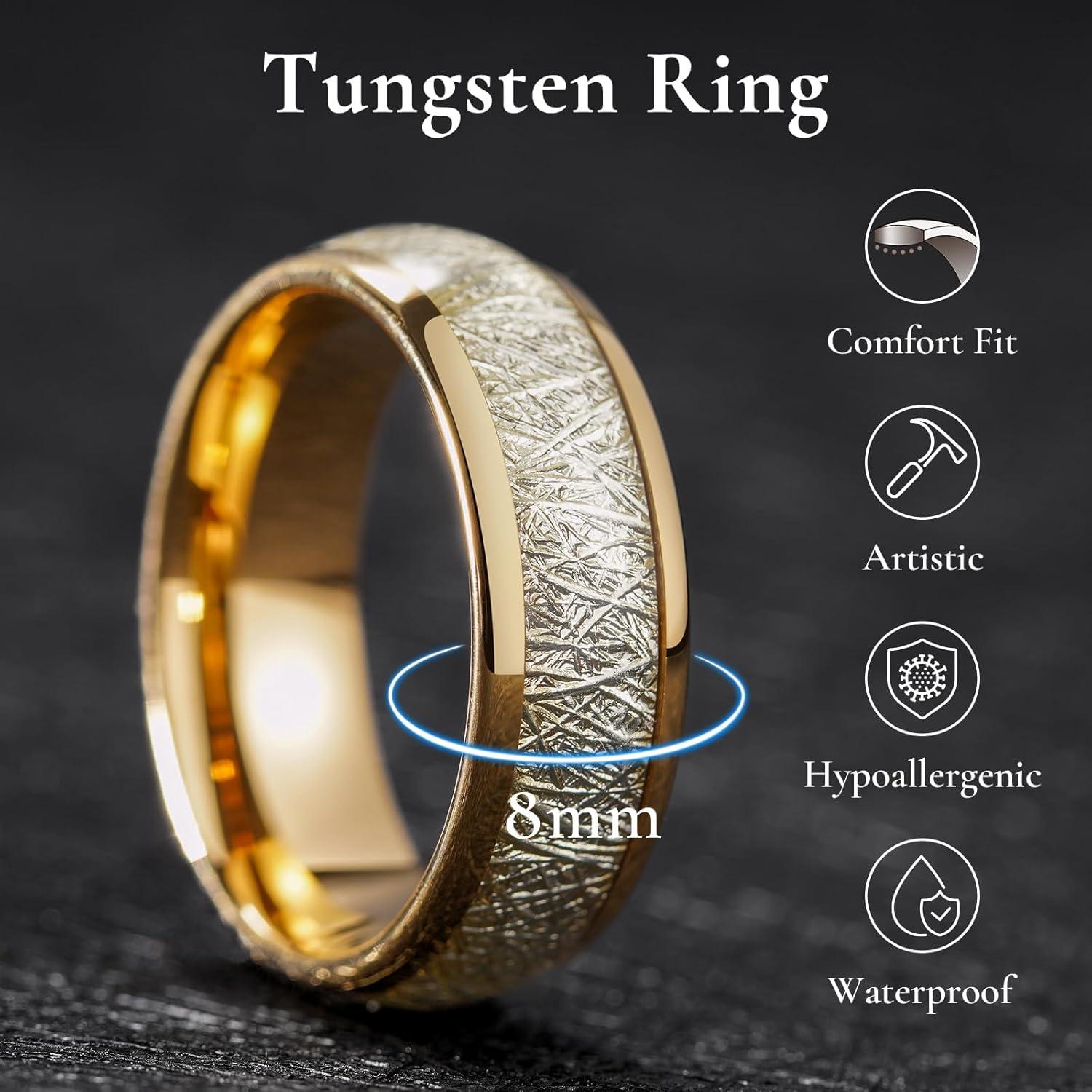 imageKing Will Tungsten Rings for Men Meteorite Carbon Fiber Wood Inlay Mens Wedding Engagement Band Domed Polished8mm Gold Silver