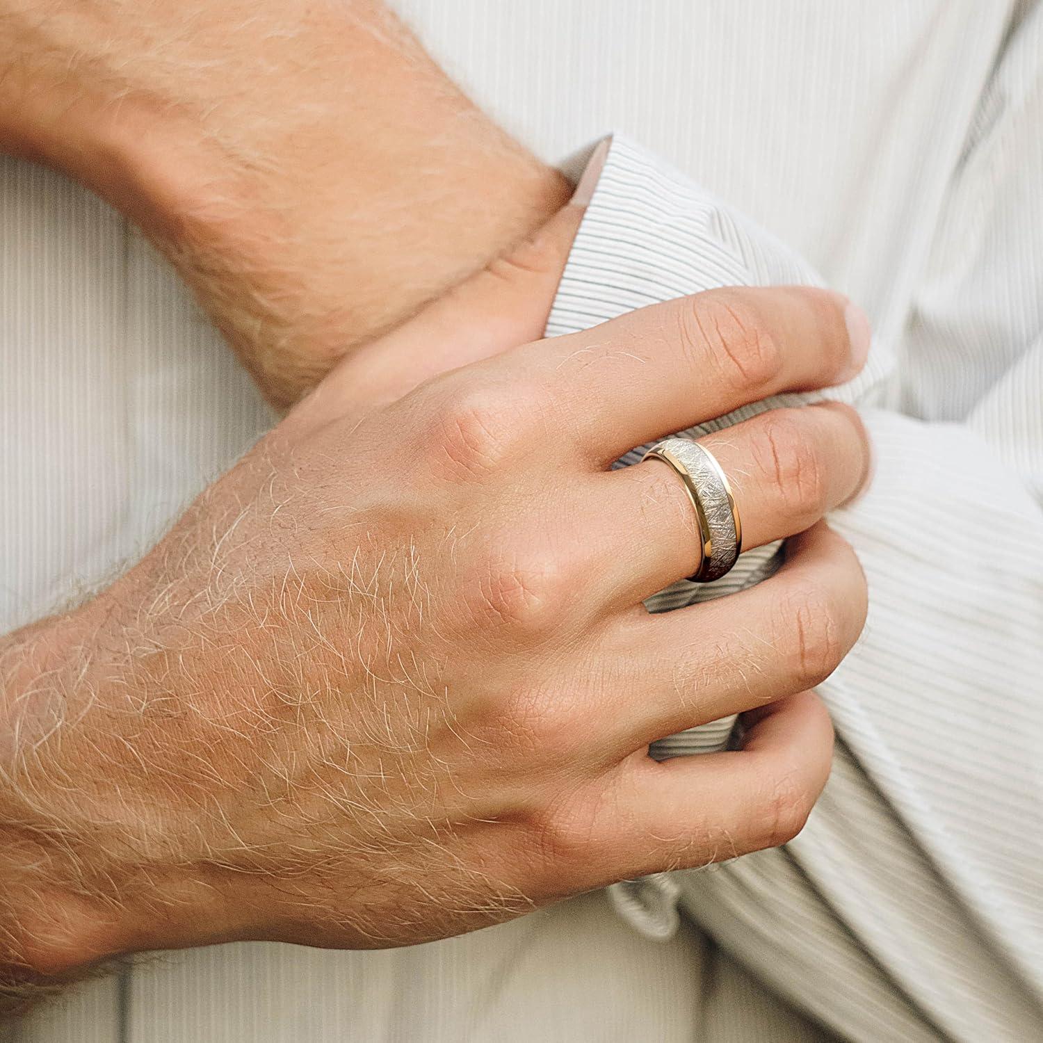 imageKing Will Tungsten Rings for Men Meteorite Carbon Fiber Wood Inlay Mens Wedding Engagement Band Domed Polished8mm Gold Silver