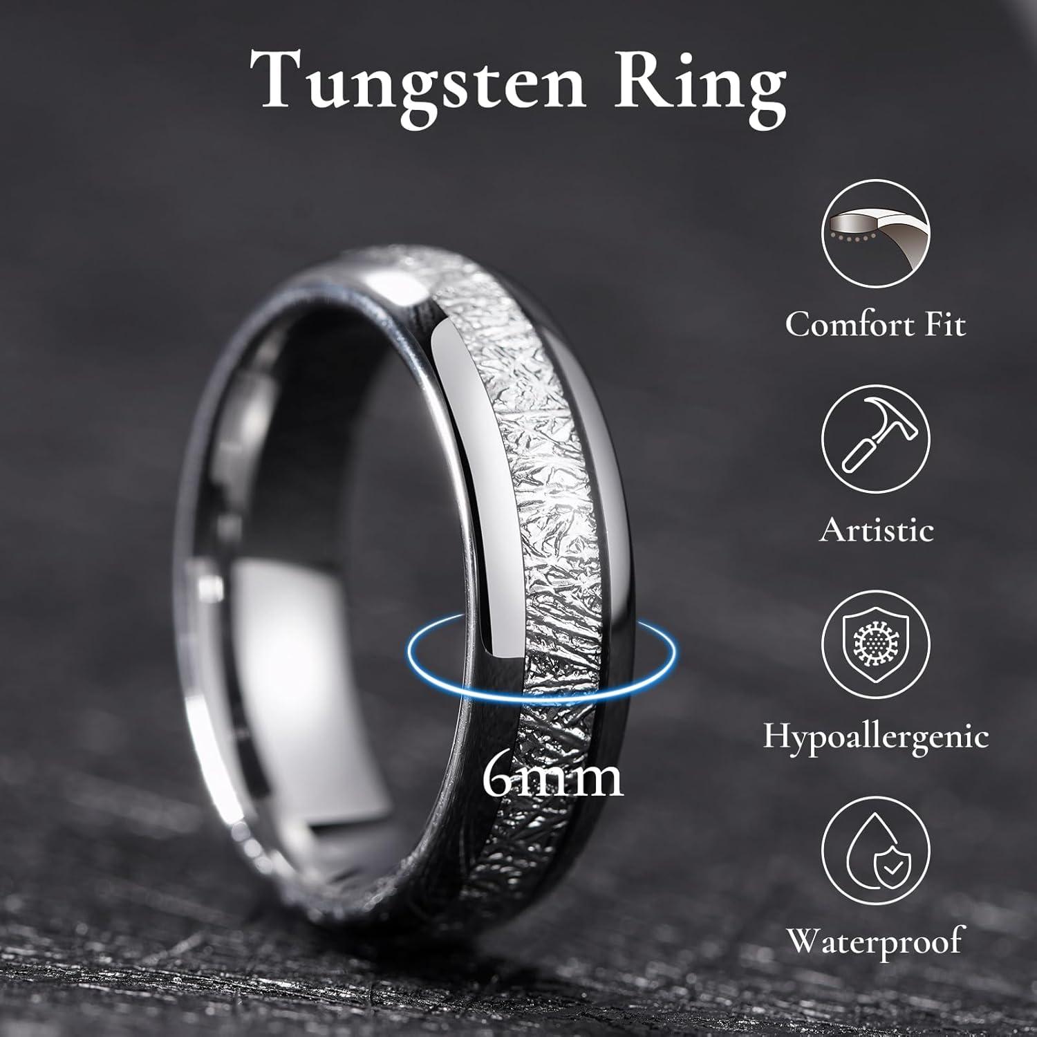 imageKing Will Tungsten Rings for Men Meteorite Carbon Fiber Wood Inlay Mens Wedding Engagement Band Domed PolishedA 6mm all silver