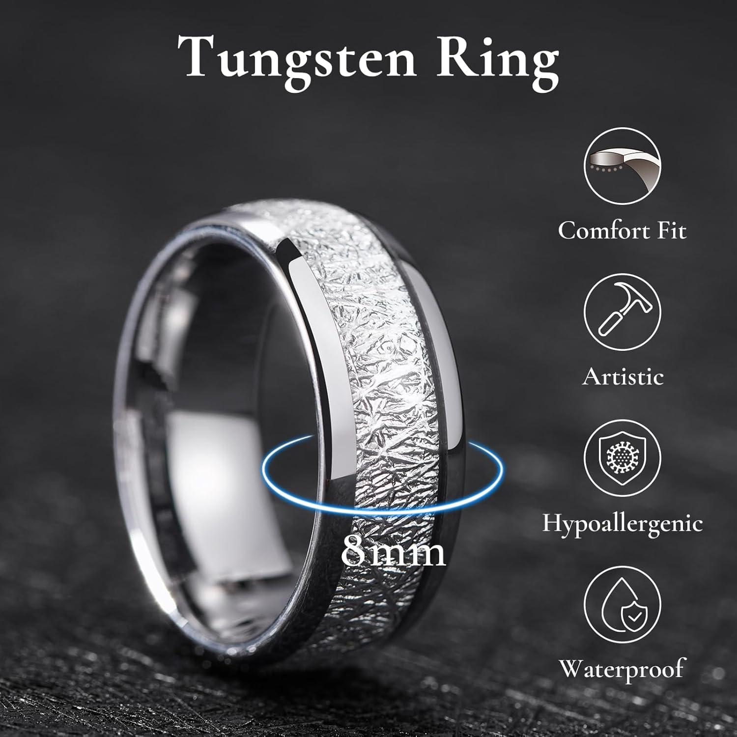 imageKing Will Tungsten Rings for Men Meteorite Carbon Fiber Wood Inlay Mens Wedding Engagement Band Domed PolishedA 8mm all silver
