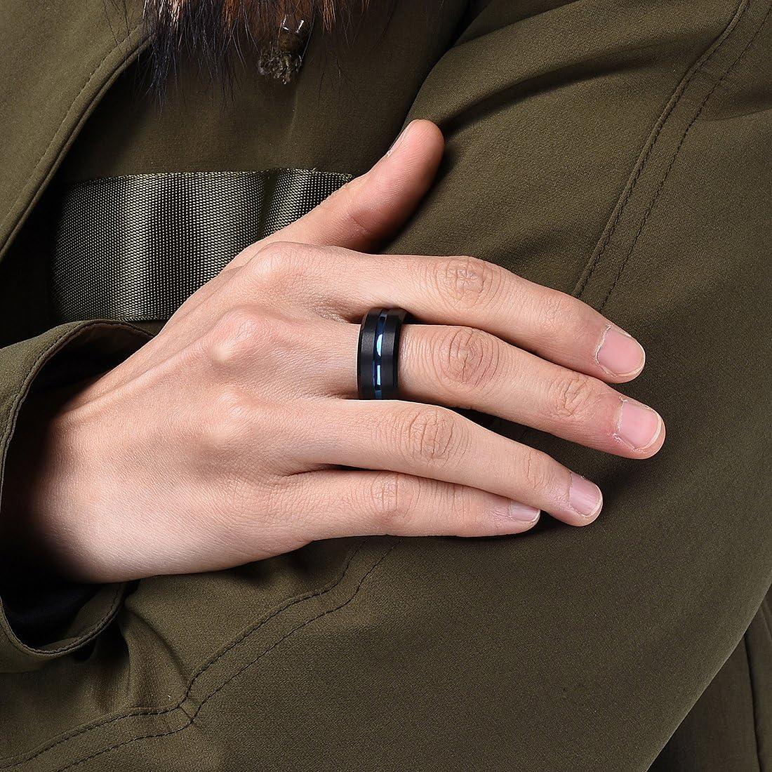 imageKing Will Tungsten Rings for Men Two Tone Grooved Mens Wedding Band Cool Promise Engagement Matte Finished Beveled EdgeBlack Blue 10mm