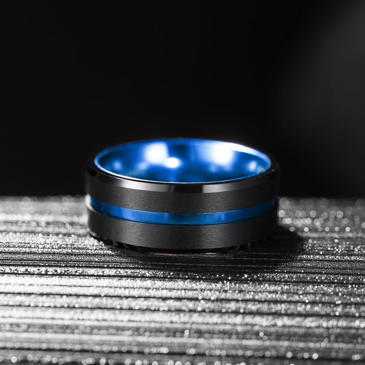 imageKing Will Tungsten Rings for Men Two Tone Grooved Mens Wedding Band Cool Promise Engagement Matte Finished Beveled EdgeBlack Blue 10mm