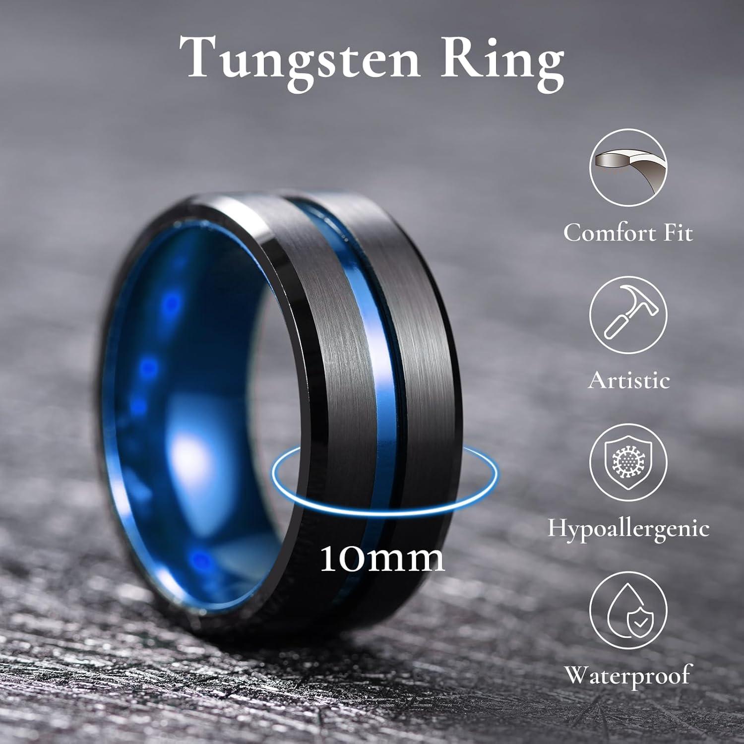 imageKing Will Tungsten Rings for Men Two Tone Grooved Mens Wedding Band Cool Promise Engagement Matte Finished Beveled EdgeBlack Blue 10mm